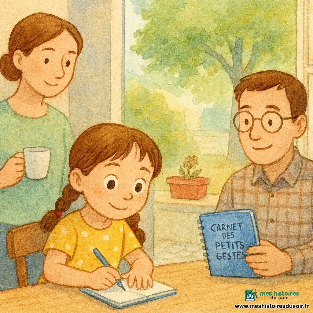 Lina, 6 ans, au premier plan, yeux curieux, sourire timide, cheveux bruns en deux nattes, robe jaune à pois blancs, penchée vers la fenêtre en train d’écrire dans un petit carnet à spirale bleu avec un crayon; la mère (~35 ans), cheveux châtains attachés, pull vert clair, debout à gauche derrière elle, tient une tasse de thé et la regarde avec bienveillance; le père (~37 ans), assis à droite à la table, chemise à carreaux et lunettes rondes, montre la couverture du carnet intitulée Carnet des petits gestes; la chambre lumineuse s’ouvre sur une cour pavée, une grande fenêtre ouverte laisse entrer une brise qui agite un tilleul aux feuilles vert tendre, un petit balcon à droite porte une jardinière rouge avec une fleur fanée; atmosphère de matin doux, couleurs pastels et textures aquarelle, carnet posé sur une table en bois clair, ambiance calme et pleine d’espoir.