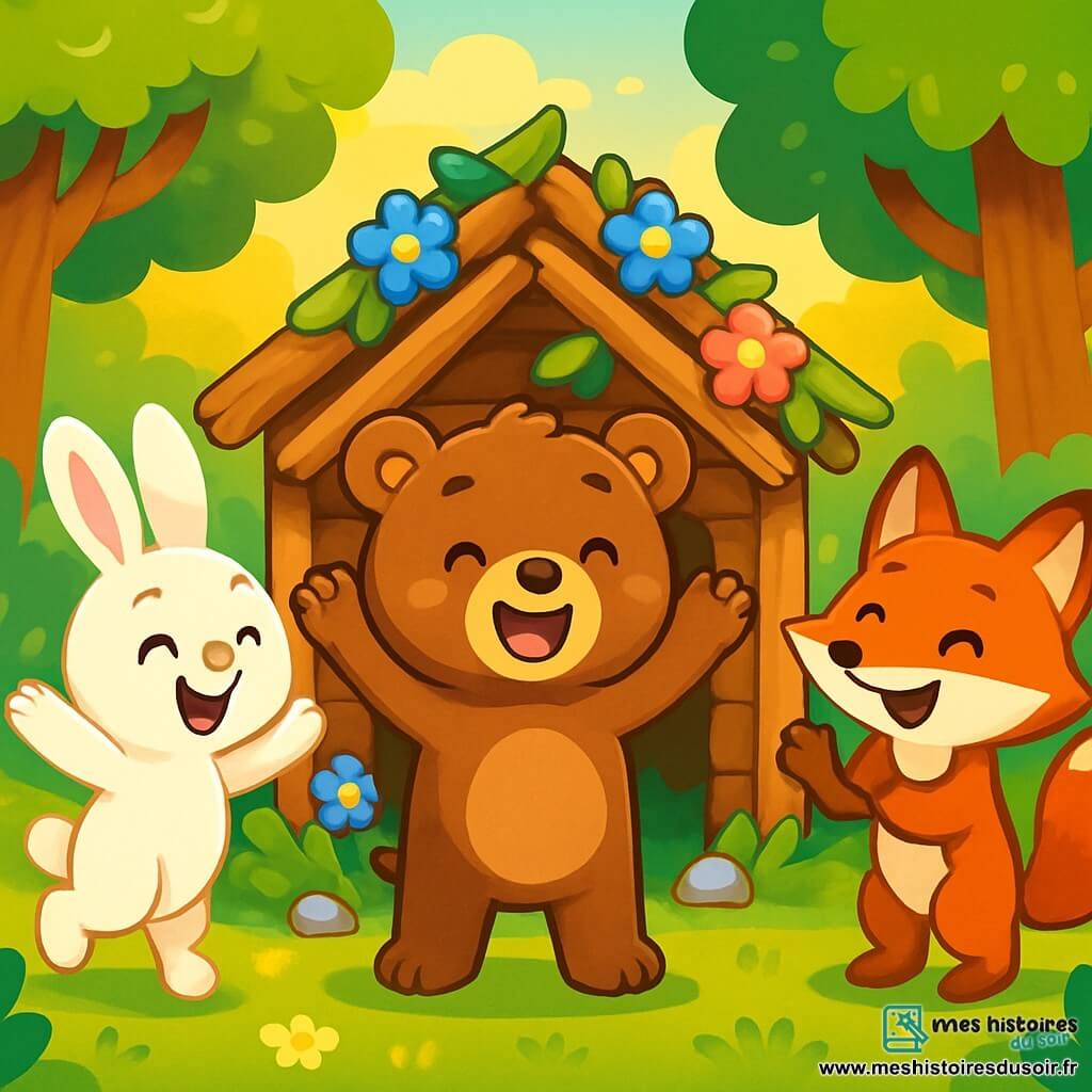 Un petit ours brun nommé Oscar, avec un pelage doux et des yeux pétillants, se tient devant une cabane en bois qu'il a construite avec ses amis. Il sourit fièrement, les bras levés. À ses côtés, Léa, une lapine blanche, saute de joie, et Max, un renard roux, applaudit. Zoé, une tortue verte, sourit en tenant une pomme, légèrement en retrait. Le décor est une forêt verdoyante, baignée de lumière dorée, avec des arbres majestueux et des fleurs éclatantes. La cabane est décorée de fleurs et de pierres brillantes, entourée de verdure. Oscar et ses amis célèbrent leur réussite dans un moment de partage et d'amitié.