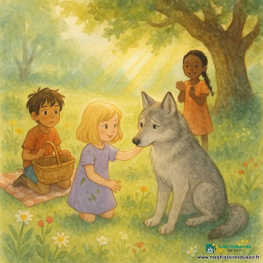 Une fillette de six ans confiante aux cheveux blonds mi-longs et yeux verts tend la main en souriant vers un grand loup gris au pelage argenté, assis paisiblement au centre d'une clairière ensoleillée; à gauche, un garçon d'environ huit ans aux cheveux bruns, assis sur une couverture de pique-nique avec un panier ouvert, regarde étonné mais rassuré, et une fille de sept ans à la tresse noire applaudit timidement près d'un chêne noueux; herbe verte parsemée de fleurs, nappes à carreaux et paniers en osier complètent la scène d'un pique-nique convivial baigné d'une lumière dorée, empreinte de confiance et de paix.