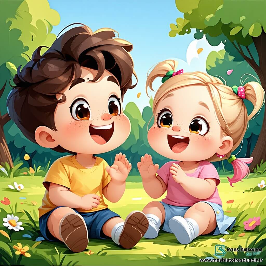 Léo, un petit garçon de 2 ans aux cheveux bouclés et au grand sourire, est assis sur l'herbe du parc, riant. À côté de lui, Zoé, une petite fille avec des tresses roses, fait des grimaces. Maxime, un garçon aux cheveux blonds, tape des mains avec enthousiasme, tandis que Lou, en robe colorée, chante en dansant. Le parc est rempli de fleurs, d'arbres et d'un ciel bleu. Un grand toboggan rouge attire les enfants. Léo lance un défi à ses amis : "Qui va faire la plus grosse bêtise marrante ?", et tous rient, prêts à s'amuser.