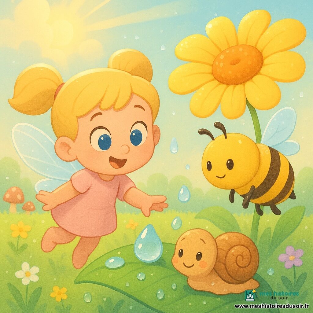Lili, petite fée enfantine au visage rond, grands yeux bleus et couettes blondes, porte une robe courte rose pâle et des ailes nacrées ; elle tend la main vers une goutte d’eau sur une feuille. À sa droite, une abeille ronde jaune et noire butine une grande fleur jaune ; un bébé escargot à la coquille brun clair, timide et souriant, rampe sous la main de Lili, couvert de gouttes de pluie. Tout se passe dans un pré de printemps lumineux avec herbe verte, petites fleurs multicolores, feuilles perlées d’eau, quelques champignons rouges en arrière-plan et un ciel pastel perçant après la pluie ; ambiance douce et calme, composition centrée et palette aux couleurs douces en cel-shading.