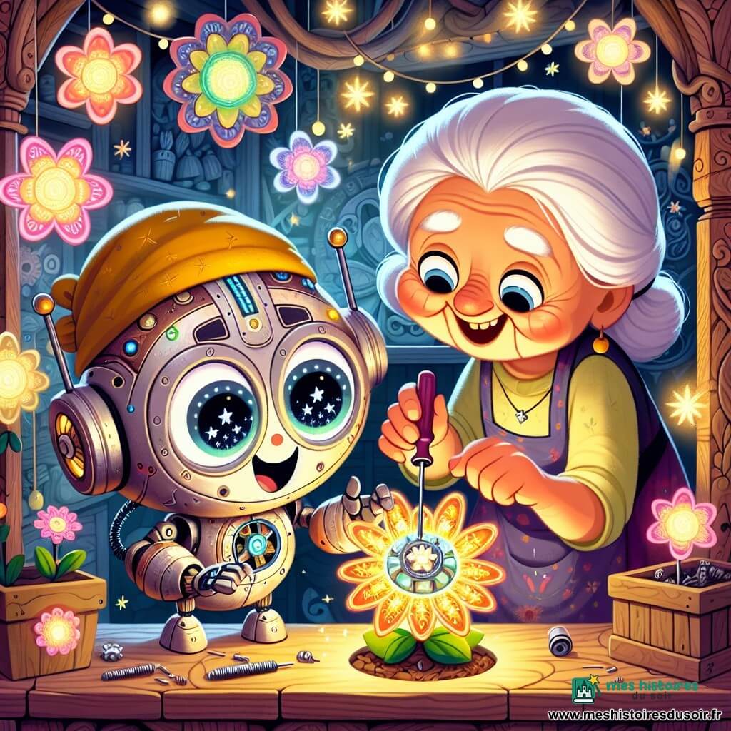 Un petit robot rond nommé Zig, avec un corps en métal brillant et des yeux en forme d'étoiles, sourit en réparant une fleur mécanique dans la boutique de Madame Sif. Zig, portant un chapeau jaune et utilisant un tournevis, affiche une expression d'enthousiasme. Madame Sif, une vieille dame aux cheveux argentés, admire le travail de Zig avec une expression de soulagement. La boutique est remplie de fleurs mécaniques colorées, avec des étagères en bois sculpté et des lumières scintillantes créant une atmosphère magique. Zig reconnecte un fil sur une grande fleur lumineuse, qui commence à émettre une douce lumière, illuminant son visage d'une lueur joyeuse.