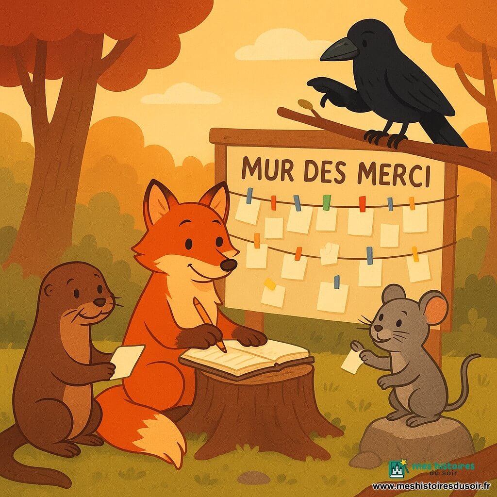 Sacha le renard roux au regard malicieux et légèrement embarrassé tient un crayon et griffonne dans un carnet posé sur une souche, Lila la loutre brune au sourire timide lui tend un petit papier mouillé, Mimo le mulot gris accroche un minuscule billet avec une pince sur le Mur des Merci — panneau artisanal entre deux troncs garni de ficelles et de petits papiers — pendant que Nino le corbeau noir, perché sur une branche, tient une plume et un pot de colle; le tout dans une clairière herbeuse aux racines apparentes, sous un ciel orangé de fin d'après-midi, dans une ambiance douce et complice d'amis échangeant des notes de gratitude.