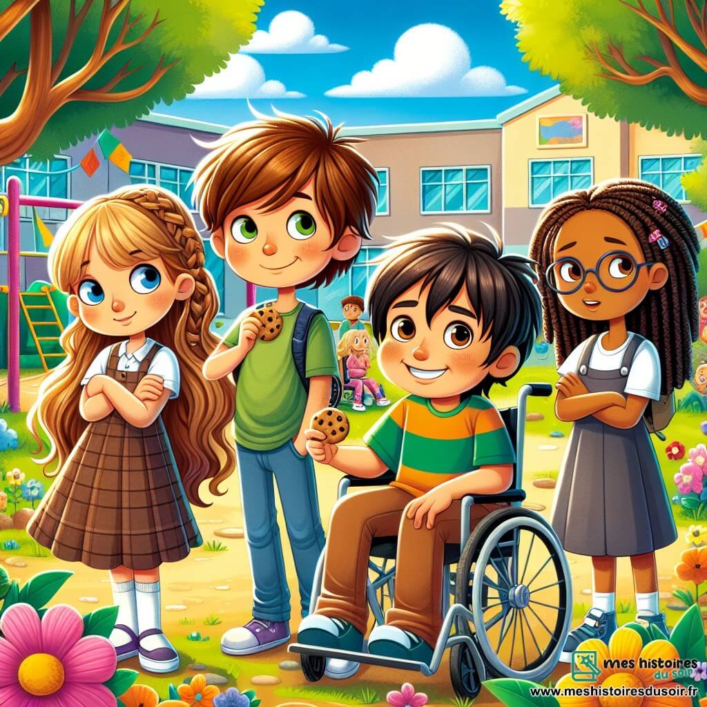 Dans une cour d'école ensoleillée, quatre enfants se tiennent ensemble, entourés de fleurs et de jeux. Tom, 8 ans, au centre, semble inquiet avec un biscuit à la main. Léa, 7 ans, à sa droite, est déterminée. Safiya, 8 ans, à gauche de Tom, est préoccupée pour lui. Lucas, 9 ans en fauteuil roulant, sourit et encourage Tom. La cour est entourée d'arbres et de dessins colorés sur les murs. Tom hésite à avouer qu'il a pris un biscuit sans demander, tandis que ses amis l'encouragent à dire la vérité, créant une atmosphère de camaraderie.