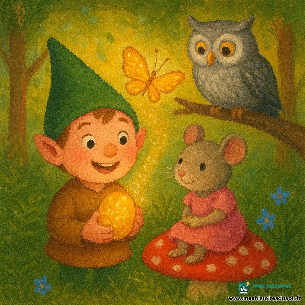 Milo, petit lutin garçon au chapeau vert pointu et à la tunique marron clair, sourit les joues roses en serrant contre sa poitrine une pierre dorée brillante ; Minette, petite souris femelle ronde en robe rose, est assise à côté de lui sur un champignon rouge à pois blancs et regarde la pierre avec tendresse ; un papillon aux ailes dorées virevolte juste au‑dessus en laissant une traînée de lumière scintillante ; un vieux hibou mâle aux plumes grises et aux yeux sages, perché sur une branche, incline la tête en signe d'approbation ; la clairière de forêt a un sol tapissé de mousse, de fougères et quelques fleurs bleues, avec des rayons de soleil doré filtrant entre les arbres ; la pierre éclaire les visages, projetant des reflets chauds et des runes lumineuses qui se transforment en mots simples comme de petits filaments de lumière ; style : peinture acrylique douce, couleurs saturées mais chaudes, traits arrondis, texture de pinceau visible, ambiance calme et joyeuse, composition centrée et lisible pour un enfant de 4 ans.