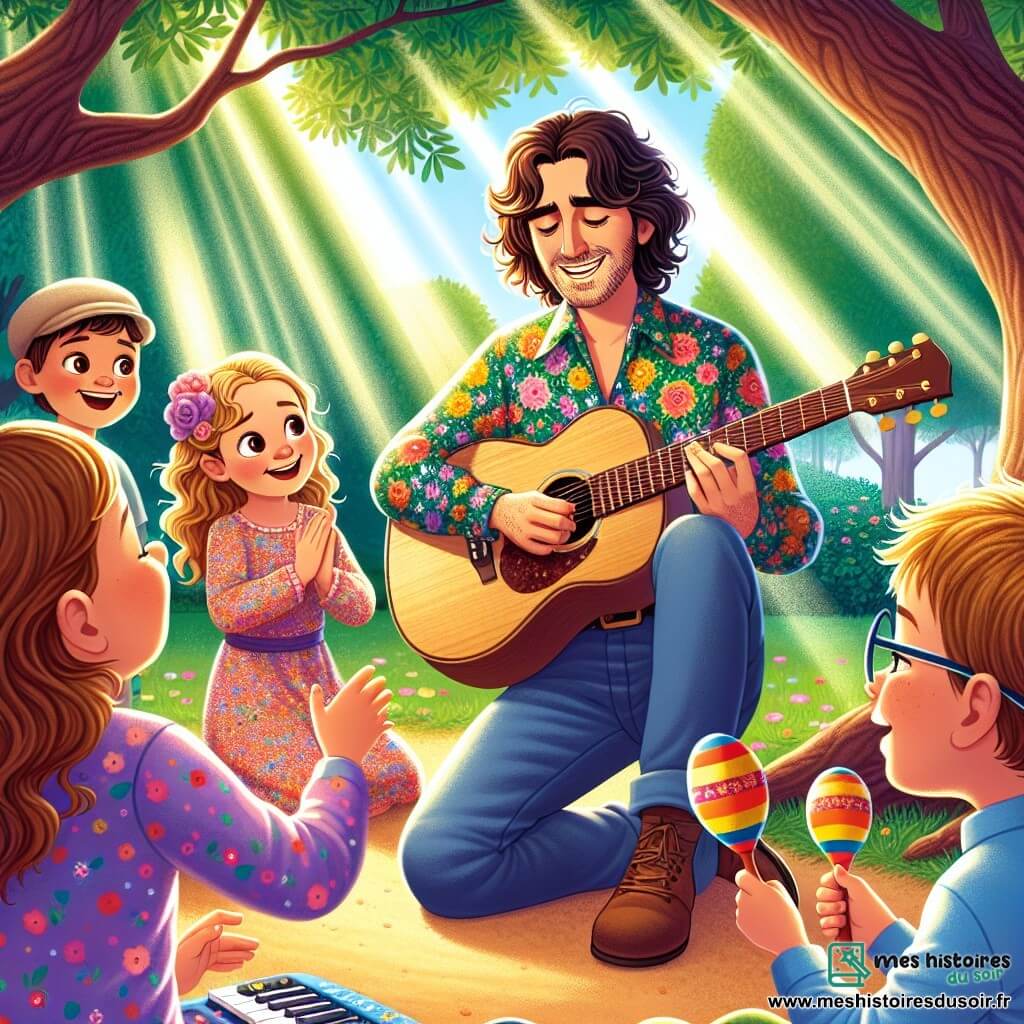Un homme nommé Thomas, aux cheveux bruns légèrement ondulés et portant une chemise à fleurs colorées, se tient au centre de la scène, rayonnant de joie et souriant aux enfants autour de lui tout en tenant une guitare. Emilie, une fillette de 8 ans aux boucles dorées, est assise par terre, admirative et battant des mains au rythme de la musique. À côté, Lucas, un garçon de 9 ans avec des lunettes rondes et une casquette, secoue des maracas avec enthousiasme, tandis qu’Anaïs, une autre fillette de 8 ans, joue une mélodie sur un petit piano électrique. La scène se déroule dans un parc verdoyant sous un grand chêne, avec des rayons de soleil illuminant les enfants. Thomas, bien que silencieux, partage sa passion pour la musique avec eux, les guidant dans un atelier improvisé pour découvrir la joie de créer des mélodies.