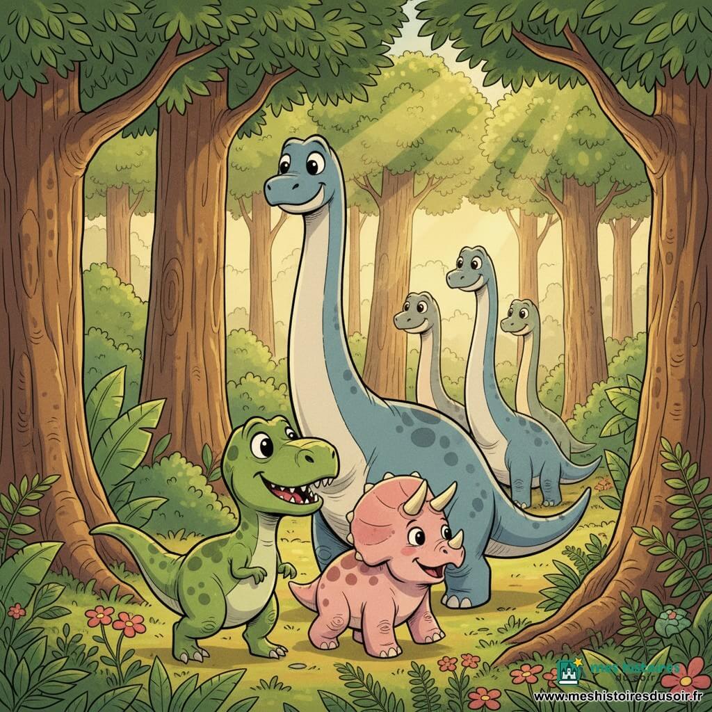 Un petit Tyrannosaure Rex vert tacheté, souriant et rassuré, guide du pas avec sa queue ; à côté Trixie la Tricératops rose pâle, joyeuse, pointe du museau vers l’avant ; un grand Brachiosaure bleu-gris, doux et soulagé, suit lentement ; au loin une famille de Brachiosaures émerge entre les arbres d’une forêt luxuriante aux troncs bruns, grandes feuilles et fleurs colorées, rayons de soleil filtrant ; scène lumineuse aux couleurs vives, contours doux et expressions exagérées et amicales, ambiance chaleureuse et rassurante.