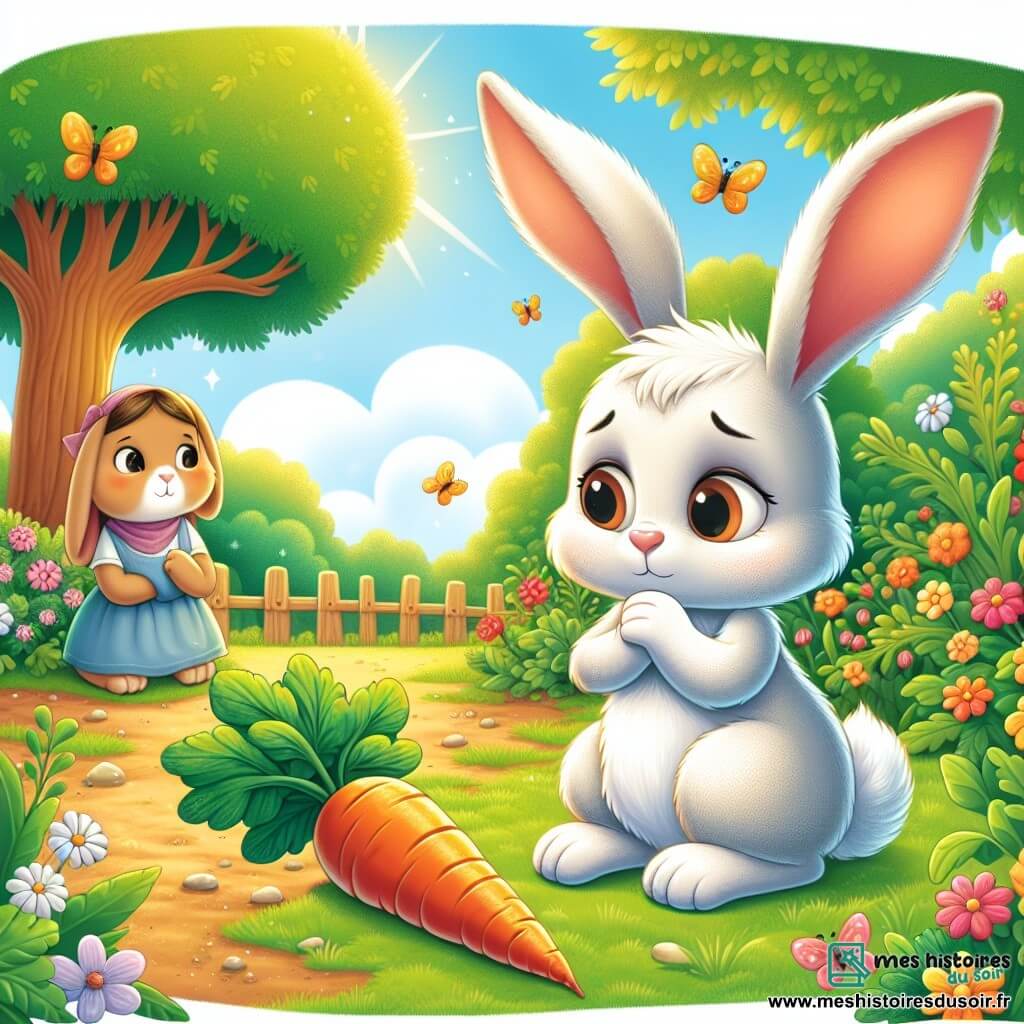 Léo le lapin, un petit lapin aux grandes oreilles et au pelage blanc, est assis dans un jardin verdoyant, l'air pensif. Ses grands yeux expriment une légère tristesse en regardant une carotte brillante qui pousse dans le sol. Sa maman, une lapine douce au pelage brun clair, se tient à côté de lui, les bras croisés, avec une expression de compréhension. Le jardin est rempli de fleurs colorées, de papillons et de lumière dorée du soleil. Léo réfléchit à son petit mensonge et se demande s'il aurait dû dire la vérité pour obtenir la carotte qu'il désire.
