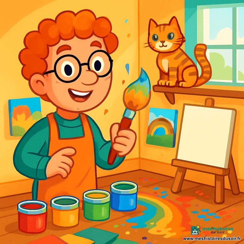 Monsieur Colori, un homme aux cheveux bouclés et aux lunettes rondes, se tient dans son atelier avec un pinceau coloré, entouré de pots de peinture. Son chat tigré, Pastel, l'observe depuis une étagère. L'atelier est rempli de toiles, de papiers colorés et de lumière filtrant par une grande fenêtre, avec des éclaboussures de peinture au sol. Monsieur Colori pense à la toile qu'il va créer, prêt à réaliser une œuvre qui fera sourire les enfants.