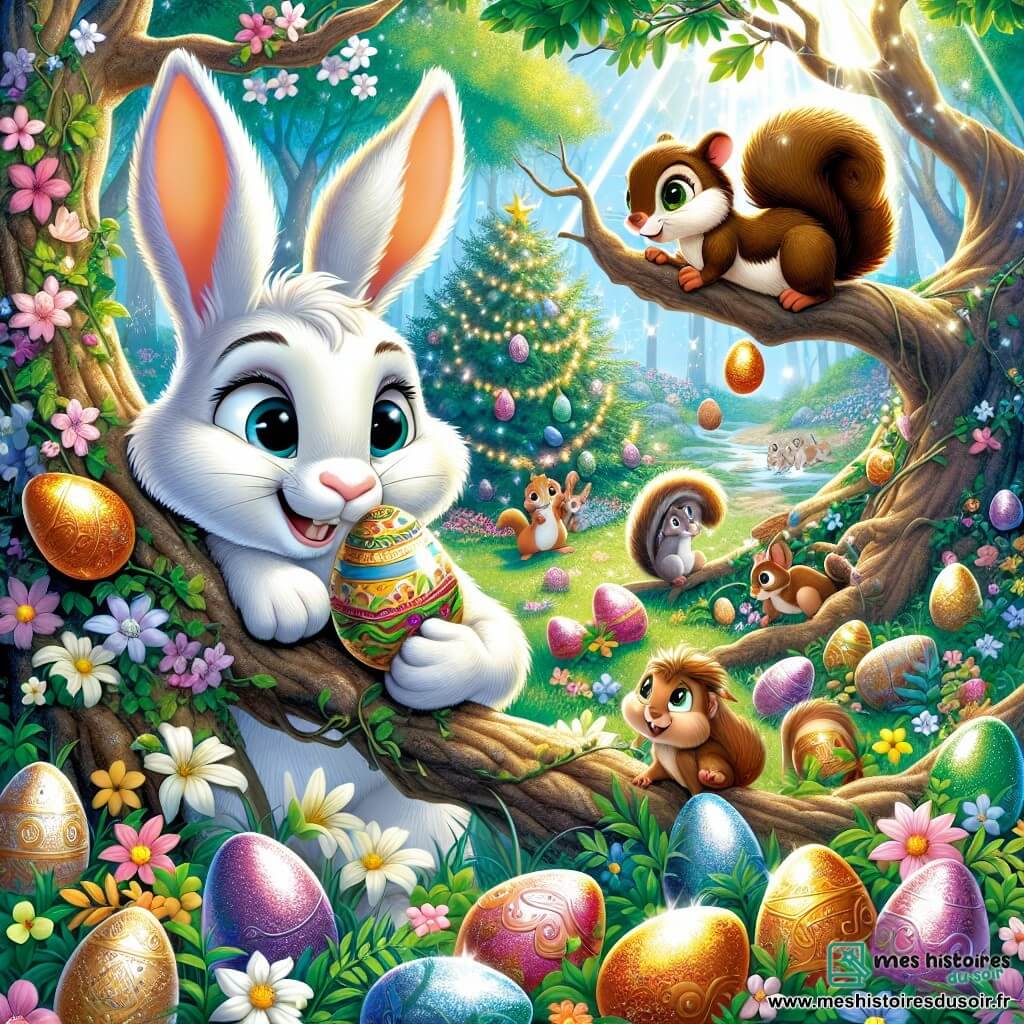 Léo, un lapin blanc aux grandes oreilles et au pelage éclatant, sourit en tenant un œuf en chocolat coloré. À ses côtés, Clara, une petite écureuil brune, grimpe sur une branche pour attraper un œuf brillant. Tom, une tortue à la carapace verte, observe la scène avec bienveillance. En arrière-plan, une forêt enchantée avec des arbres noueux et des fleurs colorées danse au vent sous un ciel bleu clair. L'image montre Léo et ses amis préparant la chasse aux œufs de Pâques, entourés d'œufs en chocolat cachés, créant une atmosphère joyeuse.