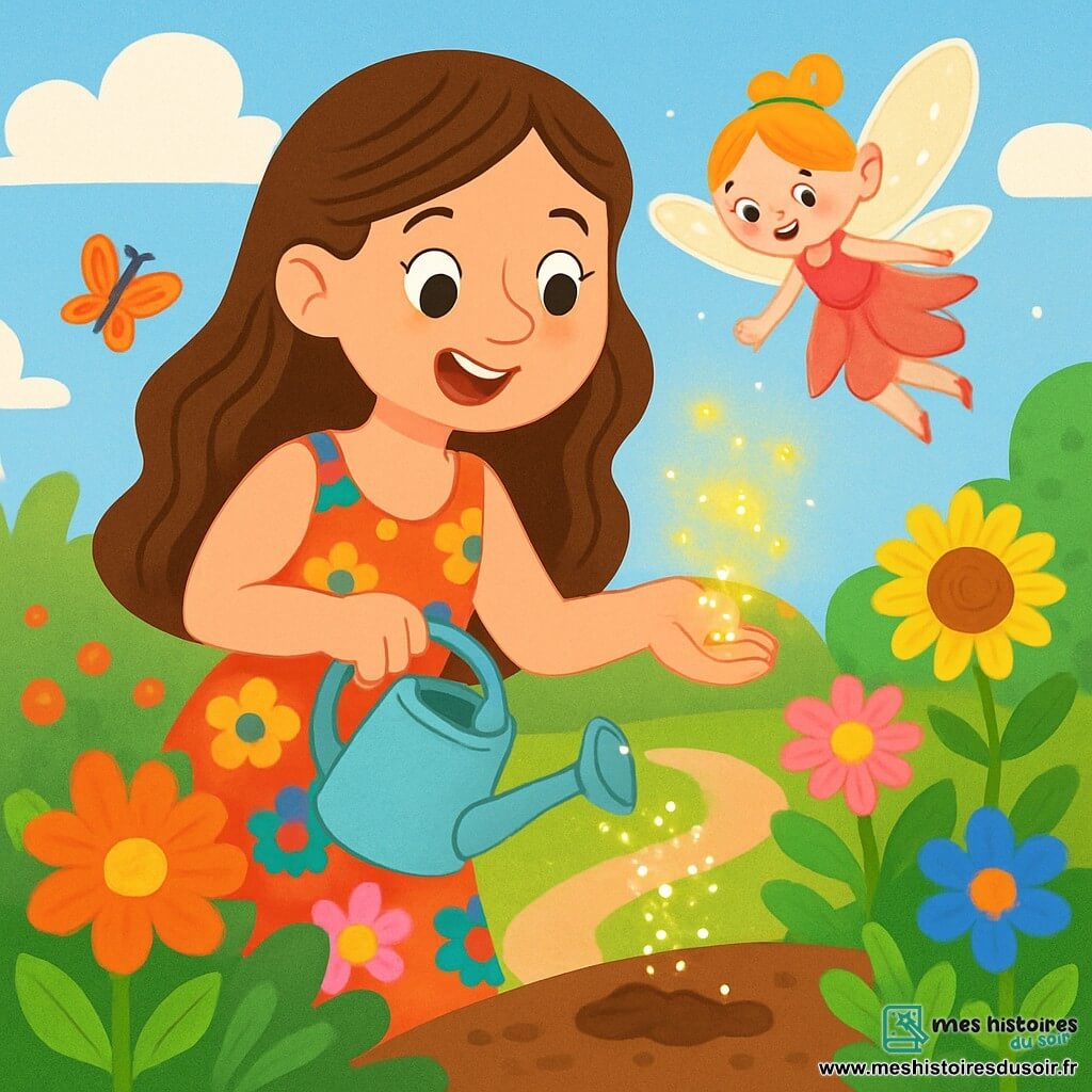 Amélie, une femme d'une trentaine d'années aux longs cheveux bruns ondulés et aux yeux pétillants, porte une robe colorée en fleurs. Elle exprime joie et émerveillement en arrosant ses fleurs dans un jardin enchanteur, rempli de couleurs et de papillons, sous un ciel bleu. La Fée des Fleurs, une petite créature lumineuse, vole autour d'elle avec bienveillance. Amélie plante des graines magiques données par la fée, tandis que des éclats de lumière promettent une transformation magique de son jardin.