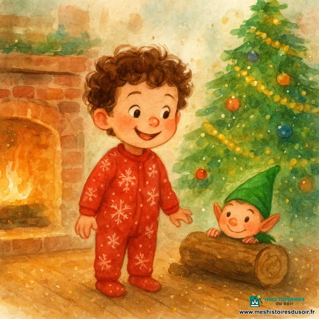 Un garçon de 4 ans, Noé, avec des cheveux bruns bouclés et des yeux pétillants, sourit émerveillé. Il porte un pyjama rouge avec des motifs de flocons de neige et se tient près de la cheminée. Un lutin espiègle, de la taille d'une main, avec un bonnet vert pointu et des joues roses, se cache derrière une bûche, ses yeux malicieux brillent. La pièce est un salon chaleureux, décoré pour Noël, avec un grand sapin scintillant de guirlandes dorées et des boules colorées. Des paillettes dorées scintillent sur le sol en bois, créant une atmosphère magique et festive.