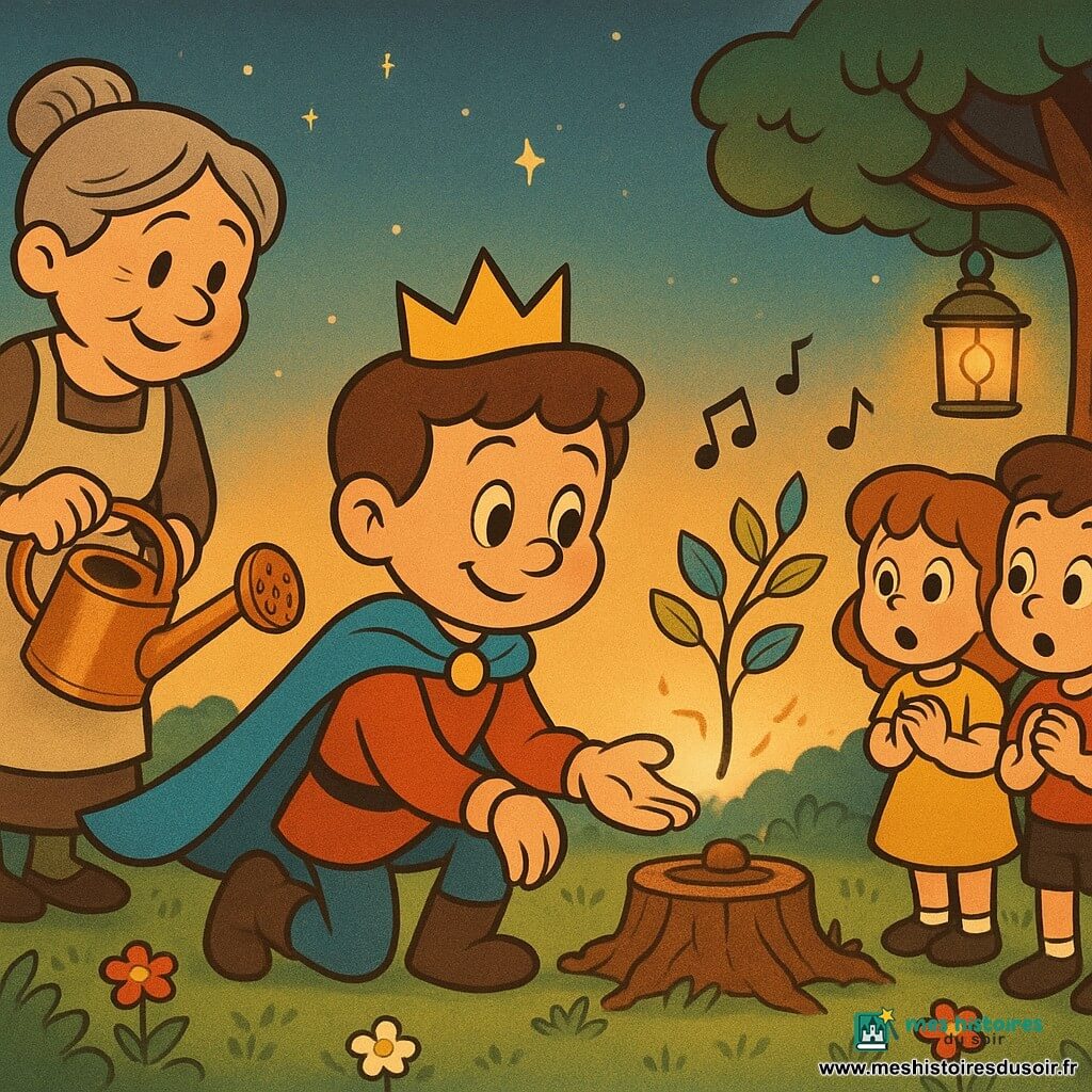 Au centre, le prince agenouillé sourit et tend une petite graine vers la terre, une couronne légère sur la tête et une cape bleue flottante; à gauche, une vieille jardinière aux cheveux gris en chignon tient un arrosoir en cuivre et le regarde avec bienveillance; à droite, deux enfants émerveillés (une fille de ~6 ans, un garçon de ~5 ans) se tiennent près d'une souche transformée en îlot de verdure; la clairière, couverte d'herbe tendre et de fleurs, comporte une souche centrale, un banc décoré de guirlandes de papier et une lanterne diffusant une lumière chaude; un jeune arbre aux feuilles vives (dorées, bleues, vertes) semble murmurer et émettre de petites notes visuelles, quelques étoiles scintillent dans un ciel crépusculaire; scène paisible et magique, couleurs saturées mais douces, traits ronds et expressifs, textures simples et contrastes clairs, composition centrée sur le geste du prince plantant la graine.