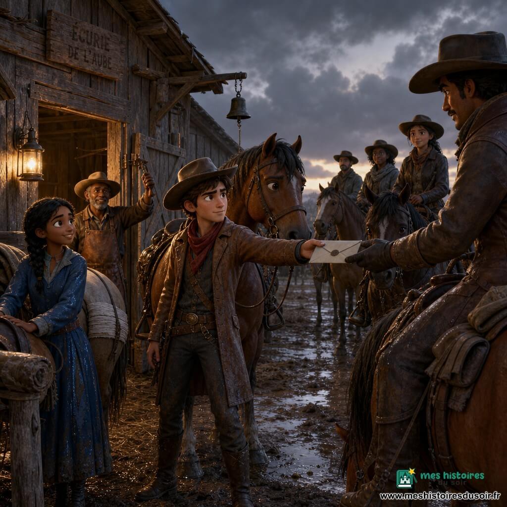 Luka, environ 16 ans, visage clair, cheveux châtain courts sous un chapeau de cow-boy usé, regard déterminé, tend une enveloppe scellée à un autre cavalier; il porte une veste en cuir brun, foulard rouge et bottes poussiéreuses, son cheval Vent-Sage, gros bai soufflant de la vapeur, est à côté de lui. À gauche, Rosa, 15 ans, cheveux noirs en tresse, manteau bleu mouillé, tient la selle près de la porte de la grange, souriante et reconnaissante, éclairée par une lampe à huile. À l'arrière-plan droit, le palefrenier d'environ 55 ans, visage ridé, grand chapeau et tablier de cuir, sonne une petite cloche rouillée près de la jument blessée Aube-d'Argent, flanc bandé. Quatre cavaliers supplémentaires montent en file sur le chemin boueux à droite, prêts à partir. Lieu : vieille grange en bois humide, planches fissurées, paille mouillée, flaques de boue et traces de sabots sous un ciel d'orage à l'aube. Situation : échange urgent d'un message avant le départ, tension devenue coopération, scène dynamique avec mouvement de chevaux, éclairage doux d'aube et lampe à huile, textures détaillées, rendu 3D stylisé cinéma pour enfants, composition centrée sur Luka tendant l'enveloppe.