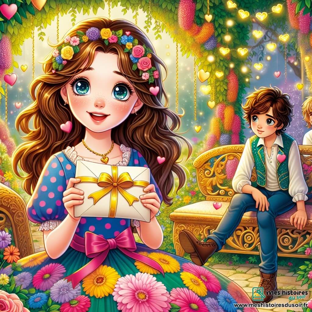 Célestine, une fille de 12 ans, se trouve dans un jardin secret enchanteur, entourée de fleurs et de guirlandes de cœurs. Elle a de longs cheveux châtains, des yeux curieux et porte une robe à pois colorée. Son sourire radieux montre son excitation alors qu'elle tend une lettre enroulée dans un ruban doré à son amie Léa, qui est assise sur un banc en bois, avec un air timide mais joyeux. Valentin, un garçon de 12 ans aux cheveux bouclés, s'approche avec intérêt, portant un t-shirt bleu et un jean. Le jardin, rempli de fleurs multicolores et de lanternes scintillantes, crée une ambiance magique. Célestine remet la lettre d'amour à Léa, tandis que Valentin les observe, dans une atmosphère de joie et d'amitié, célébrant la magie de la Saint-Valentin.
