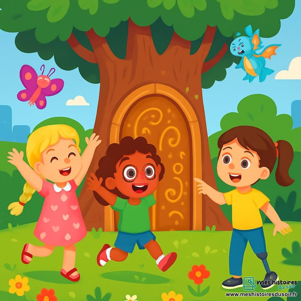 Trois personnages se tiennent devant une porte en bois ornée de motifs scintillants, cachée derrière un arbre dans un parc urbain. Léa, 8 ans, a une tresse dorée et porte une robe rose à pois. Zoé, 7 ans, a des cheveux bouclés et des lunettes colorées, vêtue d'un t-shirt vert et d'un short en jean. Mia, 8 ans, avec des cheveux bruns en queue de cheval et une prothèse à la jambe, porte un legging bleu et un t-shirt jaune. Elles découvrent la porte magique, leurs visages illuminés par la curiosité et l'excitation, prêtes à entrer dans un monde de lumière et de couleurs, entourées de fleurs, d'arbres et de créatures fantastiques.