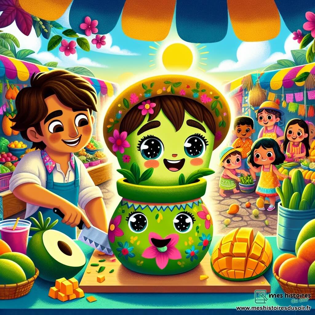 Illustration d'un pot de fleurs souriant et coloré, se tenant sur un étal de marché. À côté, un jeune homme latino-américain prépare des jus de fruits en coupant des mangues, exprimant la joie de partager sa culture. Le marché de Luminia est animé, avec des couleurs vives, des guirlandes de fleurs et des enfants dansant. La scène montre une fête où des gens de différentes origines goûtent aux délices de Tropiville. Des fruits tropicaux, des fleurs et des enfants de diverses ethnies créent une atmosphère de célébration et de diversité.