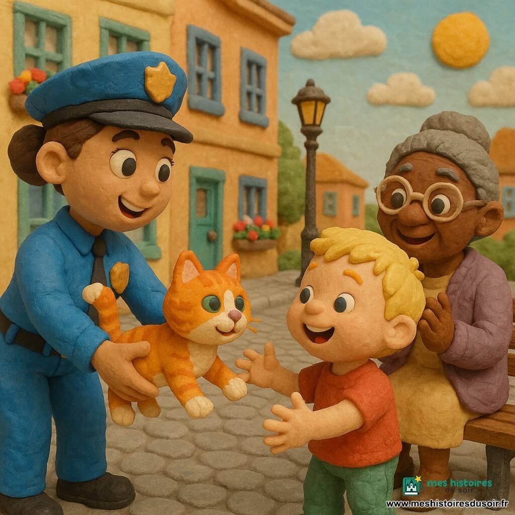 Une policière souriante en uniforme bleu rend un petit chat tigré orange et blanc au garçon Timéo, environ 5 ans, tandis qu'une mamie assise sur un banc applaudit : scène lumineuse et chaleureuse dans une rue pavée aux bâtiments pastel, ciel bleu et lampadaire rétro.