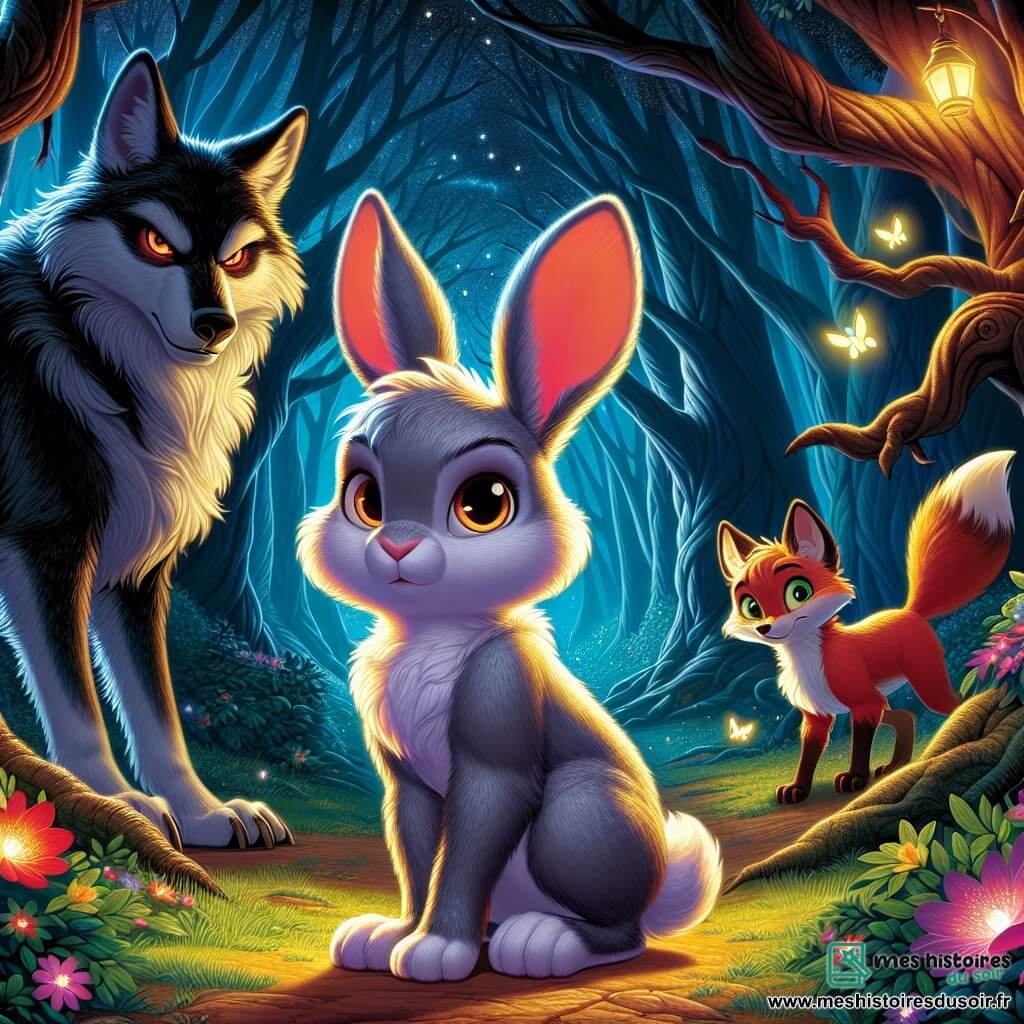 Un jeune lapin nommé Lumin, avec un pelage doux et scintillant, se tient courageusement au centre de la clairière, prêt à défendre son royaume. À sa droite, un renard rusé nommé Zéphyr, avec une fourrure flamboyante, l'observe avec un sourire confiant. À gauche, le Grand Méchant Loup, imposant avec sa fourrure sombre, montre une expression de surprise et de curiosité, hésitant à avancer. La scène se déroule dans une forêt enchantée, éclairée par la pleine lune, où des arbres majestueux et des fleurs lumineuses créent une atmosphère magique. Lumin et Zéphyr affrontent le loup dans un moment de tension, mêlant bravoure et ruse.