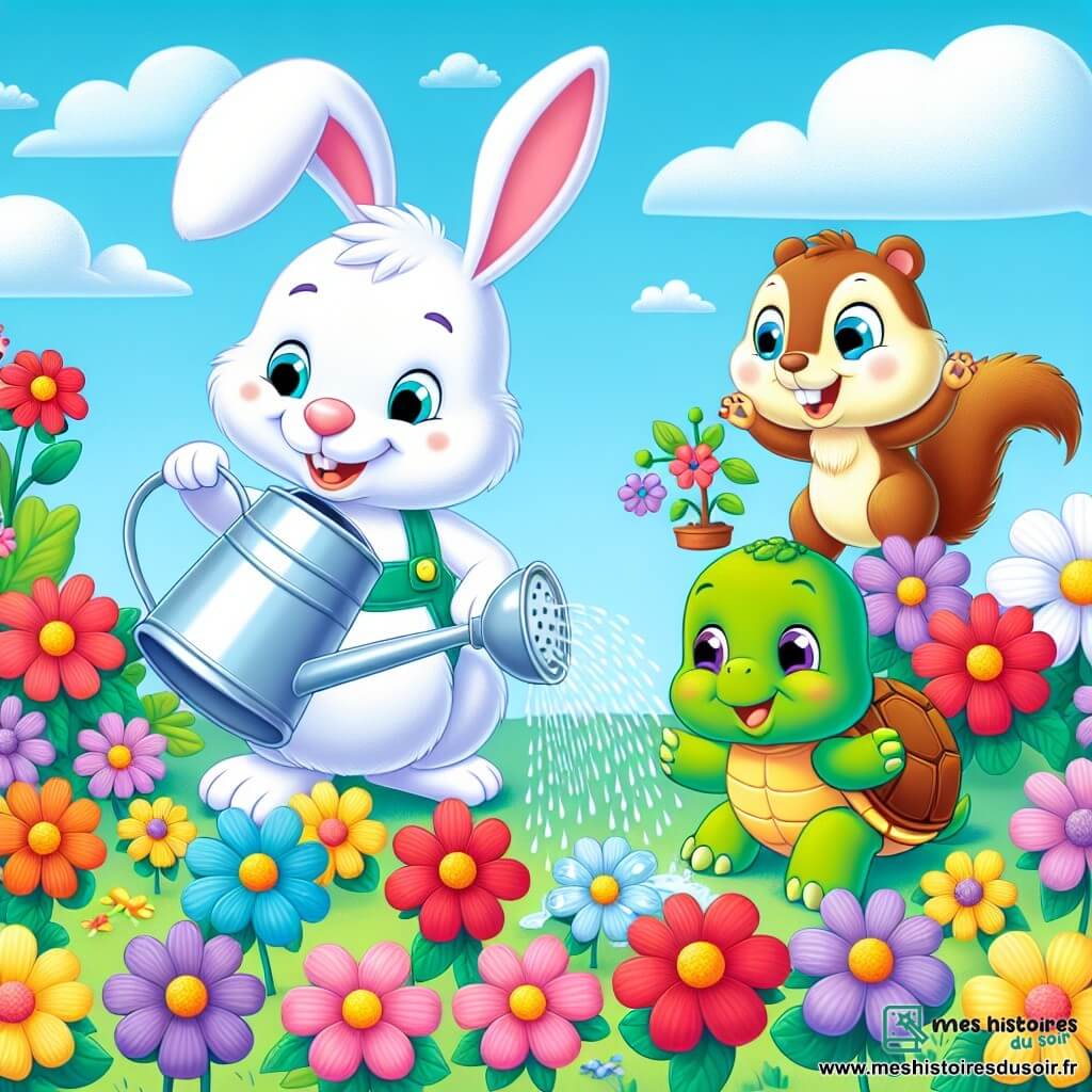 Un lapin joyeux au pelage blanc et aux grandes oreilles sourit en arrosant des fleurs colorées avec un arrosoir en métal. À ses côtés, une tortue verte à carapace marron admire les fleurs avec curiosité. Un écureuil brun, sautant de joie avec une graine dans les pattes, se tient près de ses amis. Ils se trouvent dans un jardin printanier rempli de fleurs éclatantes sous un ciel bleu clair. Les trois amis arrosent les fleurs et plantent des graines, célébrant ensemble l'arrivée du printemps dans une ambiance joyeuse.