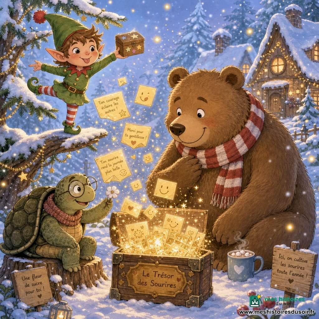 Un petit lutin farceur au visage rond et joues roses, chapeau vert pointu à pompon rouge, yeux pétillants et langue tirée fait une pirouette sur une branche de sapin en tenant une mini boîte en bois couverte d'autocollants étoiles. L'ours Brunou, grand et chaleureux au pelage brun doux et écharpe rayée rouge et blanche, est accroupi près du sol, souriant et étonné, une tasse de chocolat chaud à côté de lui. Une vieille tortue tricoteuse à carapace texturée et lunettes rondes, assise sur une souche, sourit en offrant une petite fleur en sucre à Brunou. La clairière enneigée, éclairée de guirlandes dorées et de lucioles, sapins poudrés et petites maisons en bois en arrière-plan, voit flotter des flocons autour d'une grande boîte en bois ouverte au centre d'où s'échappent cartes dorées et paillettes : le "Trésor des sourires", le tout en couleurs pastel, traits doux et contours légèrement arrondis.