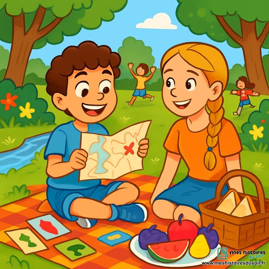 Lucas, un garçon de 12 ans aux cheveux bruns et bouclés, sourit avec excitation assis sur une couverture à carreaux dans un jardin verdoyant. Il porte un tee-shirt bleu vif et des shorts en jean, tenant une carte de la ville. À ses côtés, sa sœur aînée Emma, 14 ans, avec de longs cheveux blonds tressés, sourit en tenant un pique-nique coloré. Le jardin est rempli de fleurs éclatantes, de grands arbres et un ruisseau coule à proximité. En arrière-plan, des voisins jouent et rient, créant une ambiance joyeuse. Lucas et Emma planifient leur chasse au trésor, entourés de rires et d'indices colorés, illustrant l'esprit d'aventure de leurs vacances d'été.