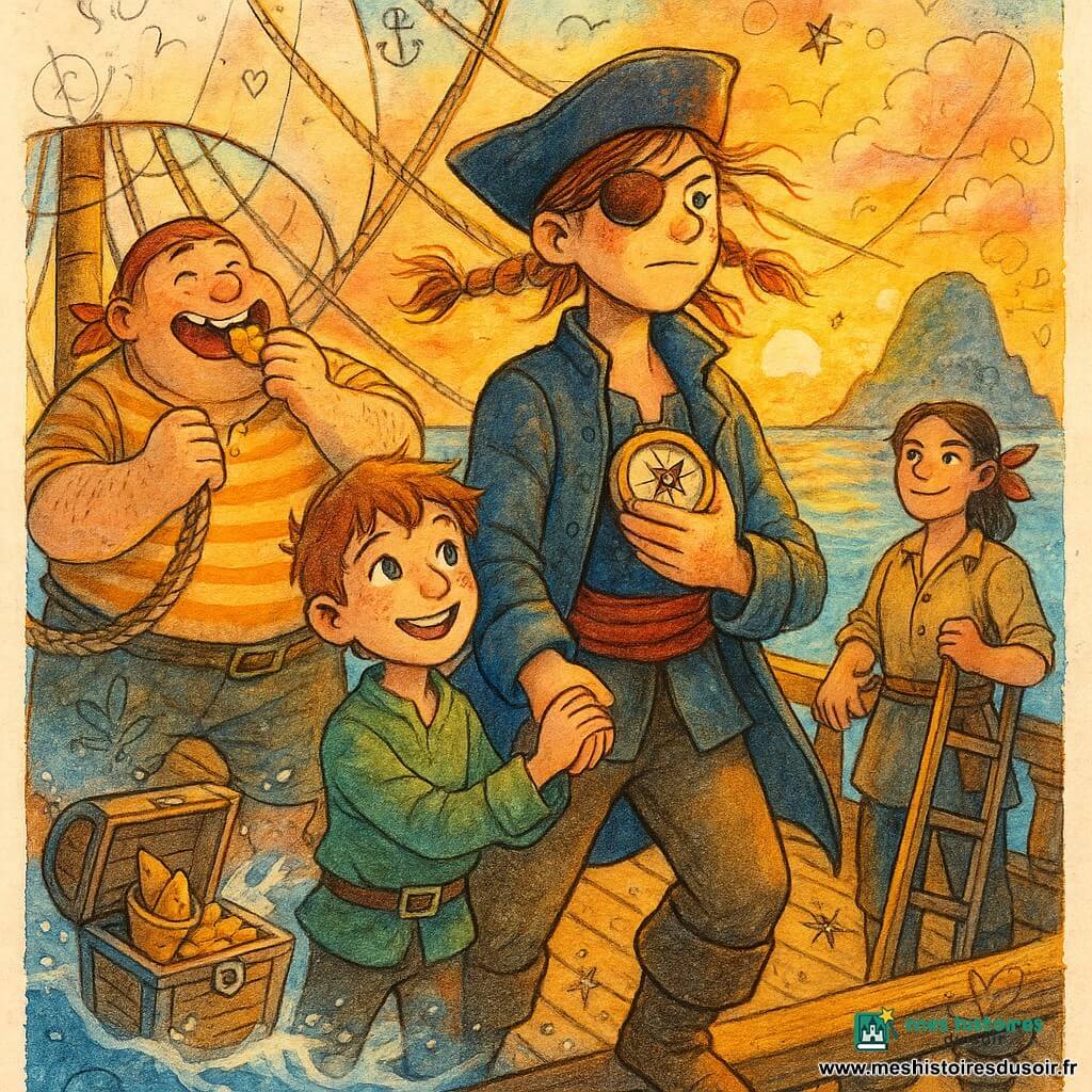 Amélie, femme pirate à la proue, regard déterminé et malicieux, nattes décoiffées, cache‑œil en cuir, veste marine usée et boussole contre la poitrine ; Tom, homme gros et jovial, tient une corde près des haubans arrière, riant avec un biscuit ; Joris, garçon d’environ 10 ans, timide, serre la main d’Amélie sur le pont, soulagé ; Lila, charpentière d’environ 30 ans, tient une échelle de fortune près du bastingage, fière ; le Loup‑Écarlate présente un pont en bois patiné, grandes voiles blanches gonflées, cordages entremêlés et coffre au trésor entrouvert avec un cornet de biscuits ; arrière‑plan : mer bleu clair, île de Brume à demi dissipée, falaises sombres et nuages déchirés, lumière dorée du coucher de soleil éclaire les visages ; situation : le vent revient, voiles pleines, joie collective, gouttes d’écume et confettis de brume qui s’évaporent ; style graphique : couleurs vives et contrastées, textures aquarelle et crayon, contours encre légèrement irréguliers et petites illustrations doodle (ancre, coquillage, serpent de mer) en overlay.