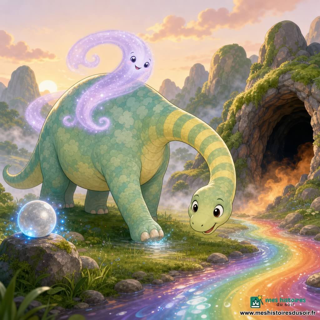 Un diplodocus large et doux au long cou rayé vert pâle et jaune, yeux ronds et souriants, écailles comme de petits nuages et pattes épaisses, posant une patte sur de l’herbe humide ; une brume lavande translucide et souriante tourbillonne derrière son cou ; à gauche, une pierre-lune argentée sur un rocher émet de petites étincelles bleues ; au premier plan à droite, une rivière arc-en-ciel nacrée ; en arrière-plan, une grotte à entrée noire bordée de mousse avec une fumée orange claire ; ambiance de vallée aidée par le diplodocus, matinée de brume, couleurs douces et contrastées, style simple et lisible pour enfants, contours nets et formes arrondies.