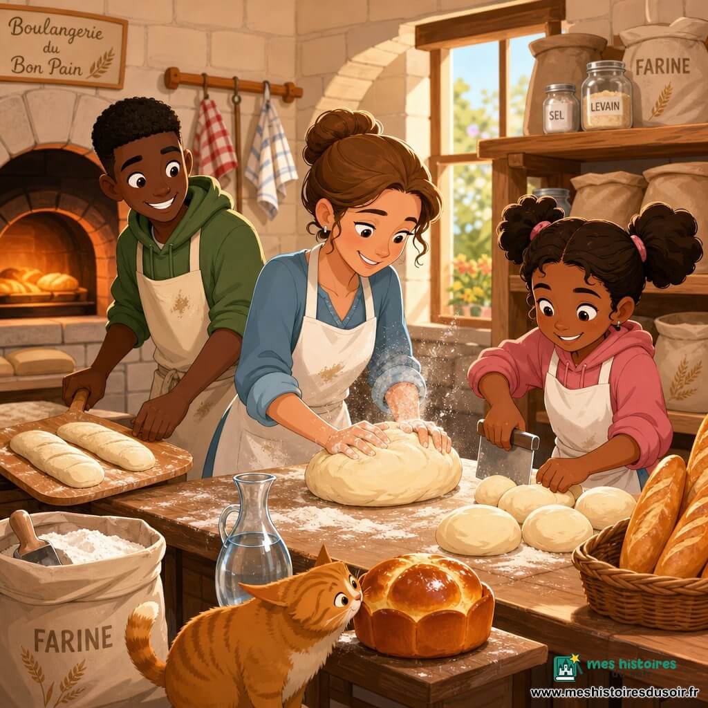 Marguerite, souriante et concentrée, mains farinées, chignon, tablier blanc taché, pétrit une grosse boule de pâte sur une table en bois ; à sa droite Julie, environ 12 ans, rieuse, en couettes, coupe la pâte en portions ; à gauche Paul, environ 14 ans, grand et jovial, façonne des baguettes avec une pelle à four près d'un bac de farine ; le chat roux Biscotte renifle une brioche au sol. Petite boulangerie lumineuse aux murs de briques claires, étagères en bois chargées de sacs et pots, grand four en pierre ouvert avec pains dorés, torchons suspendus et carafe d'eau sur la table. Matin animé : farine en nuage léger, morceaux de pâte, croûtes dorées, gestes complices et ambiance cosy et joyeuse.