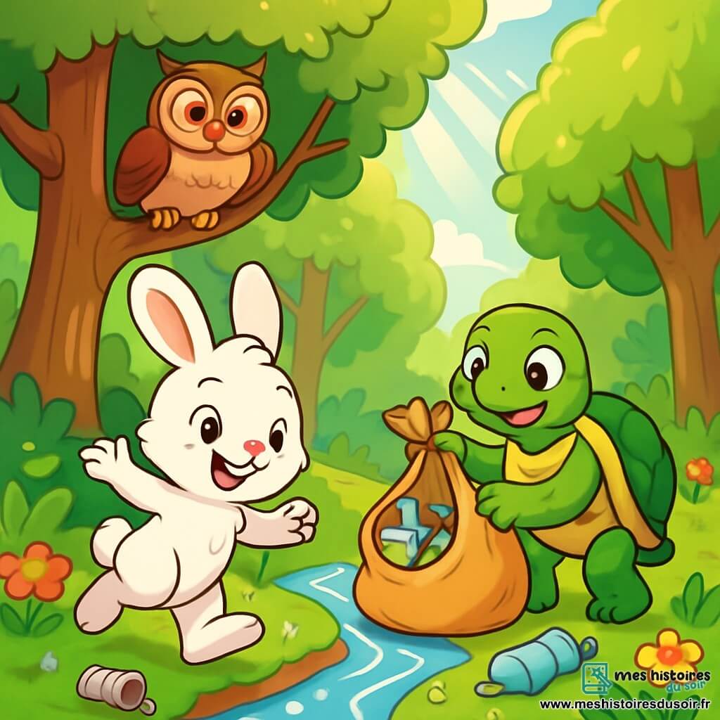 Léo, un petit lapin aux grandes oreilles et à la fourrure blanche, saute joyeusement au bord d’un ruisseau. Ses yeux brillent d’excitation et il est déterminé à nettoyer son environnement. À ses côtés, Clara la tortue, avec sa carapace verte, sourit en tenant un sac rempli de déchets. Max le hibou, perché sur une branche, observe la scène avec sagesse. Ils se trouvent dans une forêt luxuriante, avec des arbres majestueux et un ruisseau cristallin. Léo et ses amis ramassent des déchets autour du ruisseau, transformant un endroit sale en un espace propre, tout en célébrant leur amitié et leur engagement pour la nature.