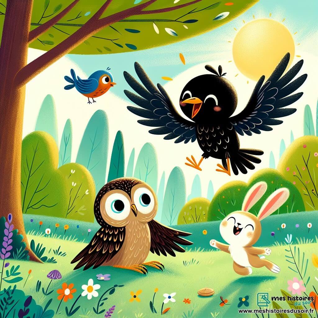 Cacahuète, un petit corbeau noir aux plumes brillantes et aux yeux joyeux, vole au-dessus d'une clairière ensoleillée en criant d'excitation. À ses côtés, Pomme la chouette, avec son plumage marron et ses grands yeux ronds, le regarde avec un sourire rassurant, perchée sur une branche. En bas, Lapinou le lapin, aux grandes oreilles et à la fourrure blanche, bondit joyeusement dans l'herbe verte, prêt à les aider. La clairière, entourée d'arbres majestueux et de fleurs colorées, est le cadre où Cacahuète, un peu perdu mais plein d'espoir, est encouragé par ses amis à retrouver son chemin vers la maison.