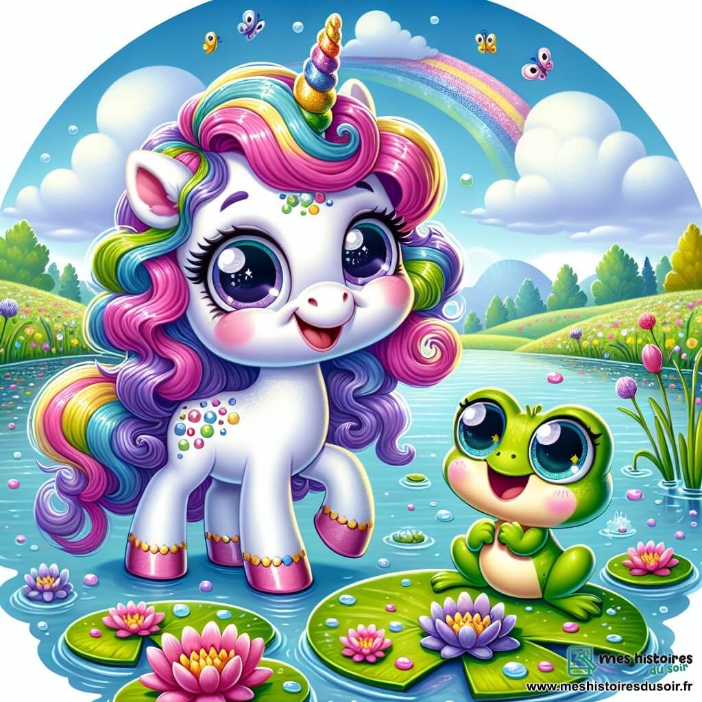 Une licorne joyeuse nommée Bubulle se tient au bord d'un lac scintillant. Sa crinière bouclée et colorée, aux nuances de rose, violet et bleu, rebondit gaiement. Sa corne étincelante brille de toutes les couleurs de l'arc-en-ciel, et elle affiche un grand sourire malicieux. À côté d'elle, Zaza, une petite grenouille verte avec des taches jaunes, saute joyeusement sur une feuille de nénuphar, prête à plonger dans l'eau. Le décor est un lac paisible entouré de nénuphars fleuris et de grands arbres sous un ciel bleu. La scène montre Bubulle utilisant sa corne magique pour créer des bulles colorées qui flottent autour d'eux, tandis que des poissons colorés sautent hors de l'eau, ajoutant une touche de magie à cette fête au bord du lac.