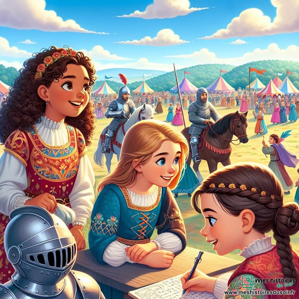 Dans une plaine médiévale, trois filles se tiennent au centre de l'image. Julie, 10 ans, aux cheveux bouclés et bruns, sourit en regardant un tournoi de chevaliers. À sa droite, Emma, 11 ans, aux cheveux lisses et blonds, prend des notes avec concentration. À gauche, Léa, 10 ans, avec des cheveux châtains et une tresse, discute avec un jeune page en armure. En arrière-plan, des tentes colorées, des chevaliers, des dames en robes, et des troubadours créent une atmosphère festive. Les filles enquêtent sur une épée légendaire volée, prêtes à résoudre une énigme dans le passé.