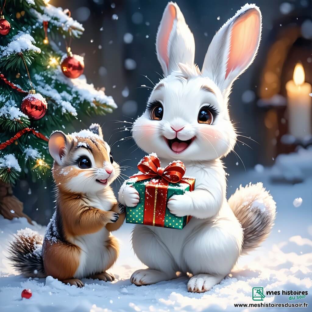 Un petit lapin nommé Philou, avec un pelage doux et blanc comme la neige, aux grandes oreilles et aux yeux pétillants, sourit en tenant un cadeau coloré. À ses côtés, Madame Belette, au pelage brun et aux yeux bienveillants, le regarde avec fierté, les bras ouverts pour l'encourager. Ils se trouvent près d'un sapin de Noël décoré, dans l'orphelinat "Les Petites Pattes", un bâtiment en bois chaleureux entouré de flocons de neige. Philou et Madame Belette célèbrent Noël avec d'autres animaux joyeux, distribuant des cadeaux sous le sapin, remplissant l'air de rires et de bonheur.