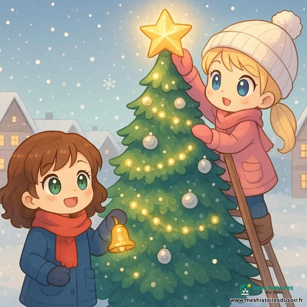 L'image montre deux personnages principaux : Lou, une fille de 10 ans avec des cheveux bruns bouclés et des yeux verts, portant un manteau bleu et une écharpe rouge, tenant une clochette brillante. Elle se tient à gauche, regardant le sapin avec émerveillement. Maëlle, également âgée de 10 ans, a des cheveux blonds en couettes et des yeux bleus, portant un manteau rose et un bonnet blanc, grimpe une échelle appuyée contre le sapin. La scène se déroule sur la place centrale d'un village enneigé, décorée pour Noël avec un grand sapin au centre, recouvert de guirlandes et de boules argentées. Des flocons de neige tombent doucement, et les maisons environnantes ont des toits enneigés et des fenêtres illuminées. Lou et Maëlle replacent la clochette magique au sommet du sapin pour raviver la magie de Noël, tandis qu'une douce lumière dorée émane de la clochette, illuminant leurs visages.