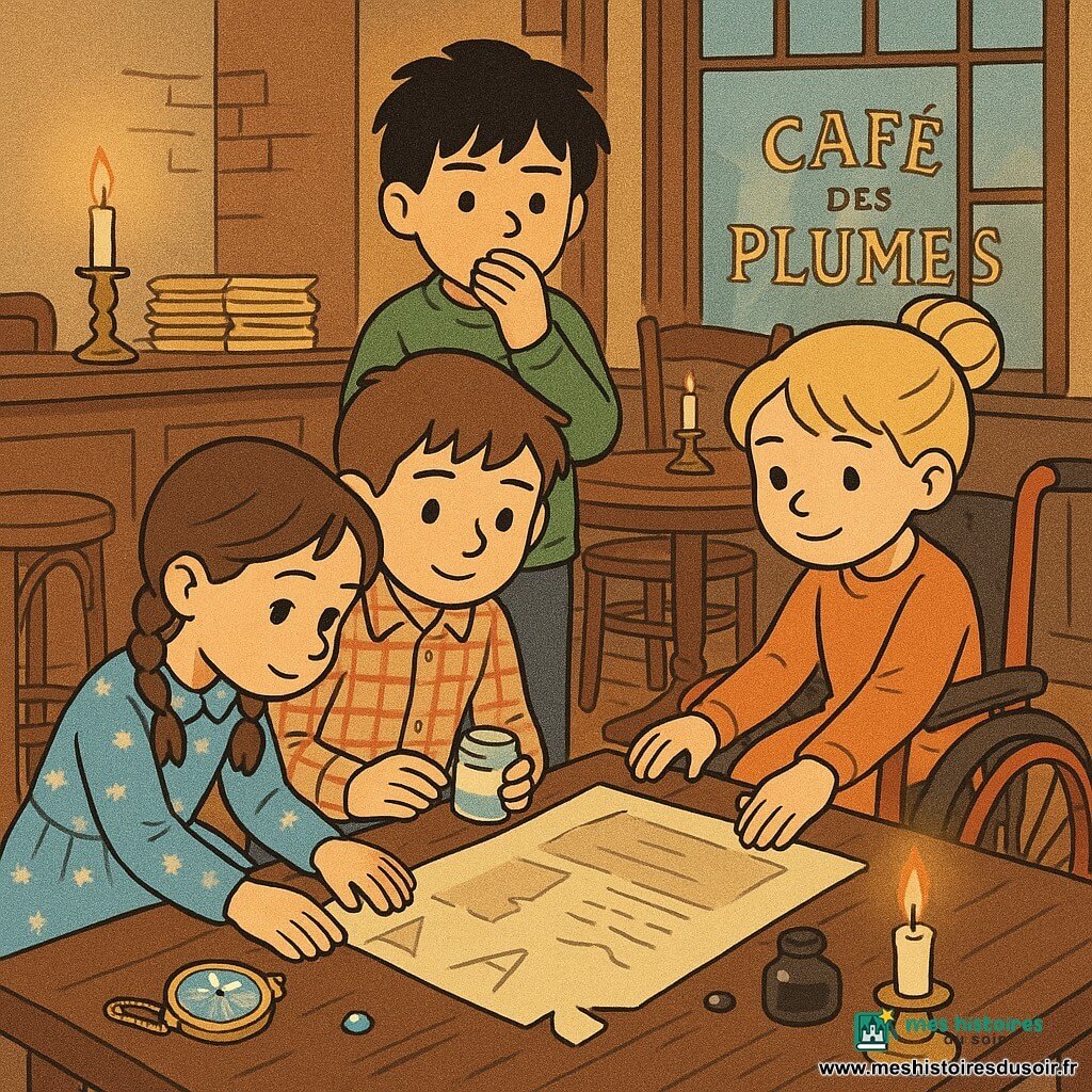 Quatre enfants réparent une affiche dans un café XIXe nommé «Café des Plumes»: Lina, 9 ans, cheveux bruns en deux tresses, robe bleu ciel, accroupie et replace une lettre; Noé, 9 ans, cheveux châtains courts, chemise à carreaux, tient une boîte de colle; Sami, 8 ans, cheveux noirs en bataille, pull vert, se tient sérieux derrière eux la main sur la bouche; Zoé, 9 ans, cheveux blonds en chignon, en fauteuil roulant rouge, stabilise la feuille en souriant; ambiance chaude aux bougies, tables en bois sombre, fenêtre à petits carreaux, piles de journaux jaunis, montre à gousset dorée sur la table émet une lueur bleue, encrier noir et petite goutte de colle brillante.