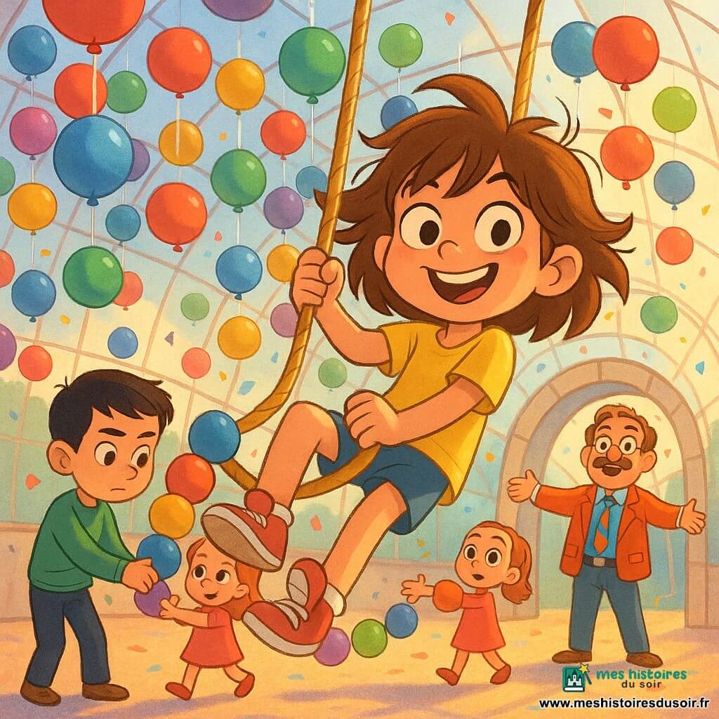 Une fillette de 8 ans joyeuse et malicieuse, cheveux châtains en bataille, t‑shirt jaune et baskets rouges, se balance au‑dessus du sol en tenant une ficelle dorée et saute de cordes à cordes pour atteindre un ballon doré contenant une petite note ; un garçon de 9 ans en pull vert tient la main d’une fillette de 7 ans à gauche pour former une chaîne de ballons, et un homme moustachu d’environ 50 ans en costume coloré et lunettes rondes se tient à l’arrière‑plan à droite, bras ouverts pour encourager. La scène se déroule dans un grand dôme transparent rempli de centaines de ballons colorés suspendus par des ficelles blanches, éclairage doux et confettis flottants ; style graphique aux traits nets, couleurs vives, contours légèrement épais et expressions exagérées pour un rendu enfantin et chaleureux.