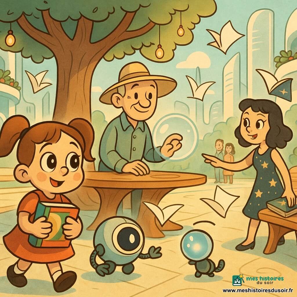 Lina, petite fille aux yeux ronds et cheveux en couettes, tient un sac de livres colorés et regarde des pages qui flottent; Pipo, petit robot-bille brillant à œil bleu et bras souples, roule près d'elle en attrapant délicatement des feuilles; Monsieur Nao, homme d'une soixantaine d'années au chapeau large, active une bulle d'air protectrice depuis son bracelet, et Myriam, femme en robe étoilée, tend la main vers un livre sur les étoiles près d'un banc chauffant; décor : grande place urbaine futuriste avec tours nacrées, balcons plantés, un grand arbre-ombrage central aux lampes jaunes, bancs et table organiques; ambiance douce et lumineuse, pages s'envolent comme oiseaux de papier, voisins souriants, palette pastel vive, formes rondes et mouvement fluide style rubber hose.