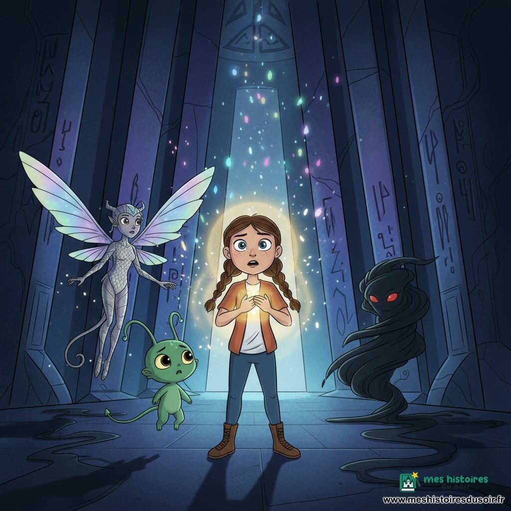 Lila, 10 ans, émue et courageuse, visage rond, taches de rousseur, tresse brune et grands yeux brillants, joint les mains tandis qu’une lueur dorée jaillit de sa poitrine; à ses côtés flotte Zorak, petit extraterrestre vert irisé aux grands yeux noirs et antennes souples, visiblement inquiet; derrière elles Liora, créature ailée aux écailles nacrées et ailes translucides arc‑en‑ciel, bat doucement des ailes prête à unir sa lumière; la Citadelle est une vaste salle de cristal noir poli aux veines violettes et runes gravées, traversée par un faisceau multicolore concentré vers le centre; au fond, l’Ombremestre se dessine en silhouette d’ombre tourbillonnante aux yeux rouges, floue et menaçante; ambiance dramatique mais enfantine, contrastes entre ténèbres bleutées et lumières chaudes, lignes douces et couleurs saturées.
