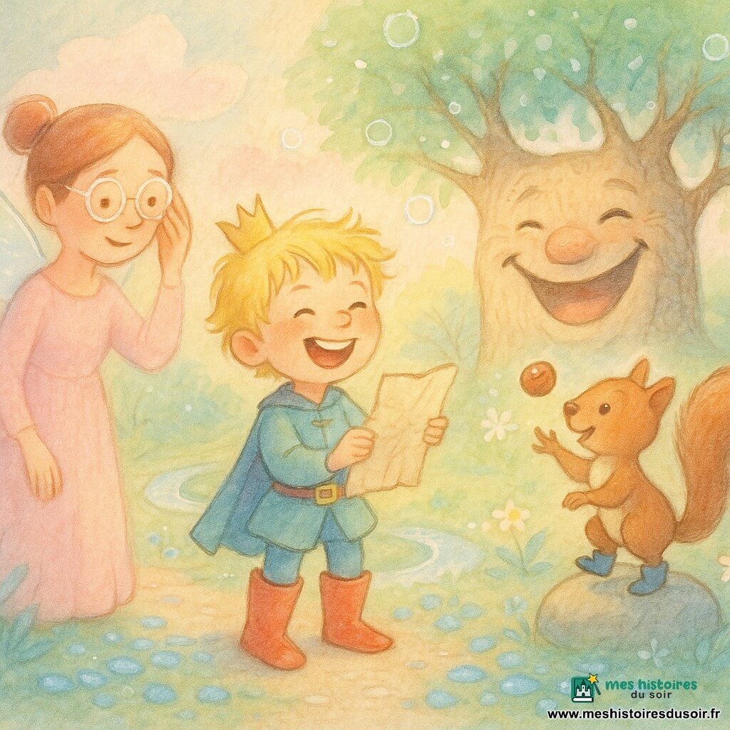 Un petit prince souriant aux cheveux blonds en bataille et bottes rouges, tenant un parchemin froissé et regardant un grand arbre riant ; à sa gauche une bonne fée adulte en robe rose pâle ajuste ses lunettes avec bienveillance ; un écureuil botté espiègle, brun avec petites bottines bleues, jongle avec une noisette sur une pierre ; décor : bosquet enchanté au sol de pétales bleus, ruisseau argenté, fleurs scintillantes et ciel pastel ; ambiance lumineuse, couleurs douces et textures aquarelle, rehauts blancs sur les contours.