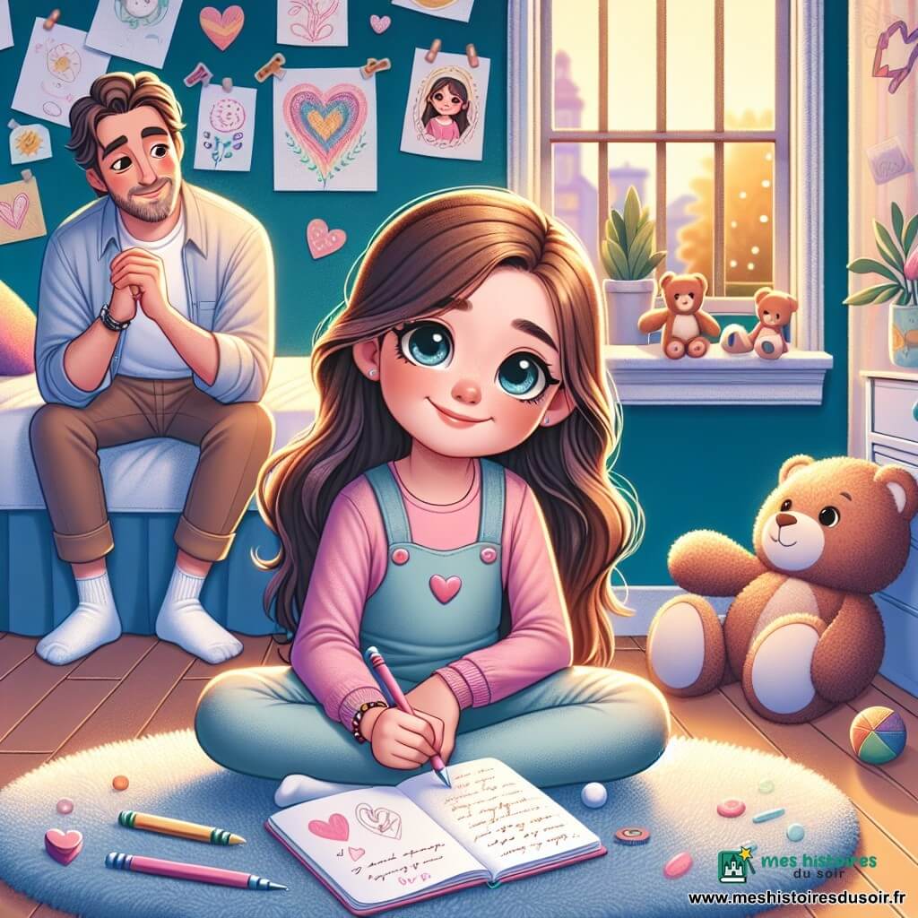 Zoé, une petite fille de 8 ans aux longs cheveux bruns et aux yeux pétillants, est assise sur un tapis dans sa chambre bleue. Elle sourit doucement, avec une touche de mélancolie, tenant un carnet rose et un stylo en forme de cœur. Son papa, un homme d'une trentaine d'années avec des cheveux châtains et une légère barbe, est assis sur le lit, l'air attentif et bienveillant, l'encourageant à écrire un mot pour sa maman. La chambre est décorée de dessins colorés, de peluches et d'une lumière dorée entrant par la fenêtre.