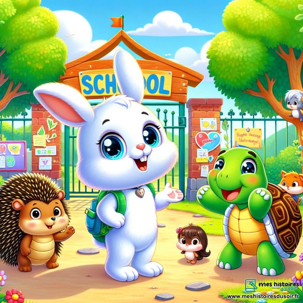 Illustration d'un petit lapin au pelage blanc, avec de grandes oreilles et des yeux bleus, souriant devant un portail coloré, prêt pour sa nouvelle école. À ses côtés, une tortue amicale et un hérisson confiant l'encouragent. La scène se déroule dans une cour d'école ensoleillée, entourée d'arbres verts et de fleurs colorées, avec un panneau d'affichage festif en arrière-plan. Le lapin, excité et un peu nerveux, est entouré de ses amis qui l'encouragent pour cette nouvelle aventure, tandis que des oiseaux chantent et des écureuils jouent, créant une ambiance joyeuse pour la rentrée.
