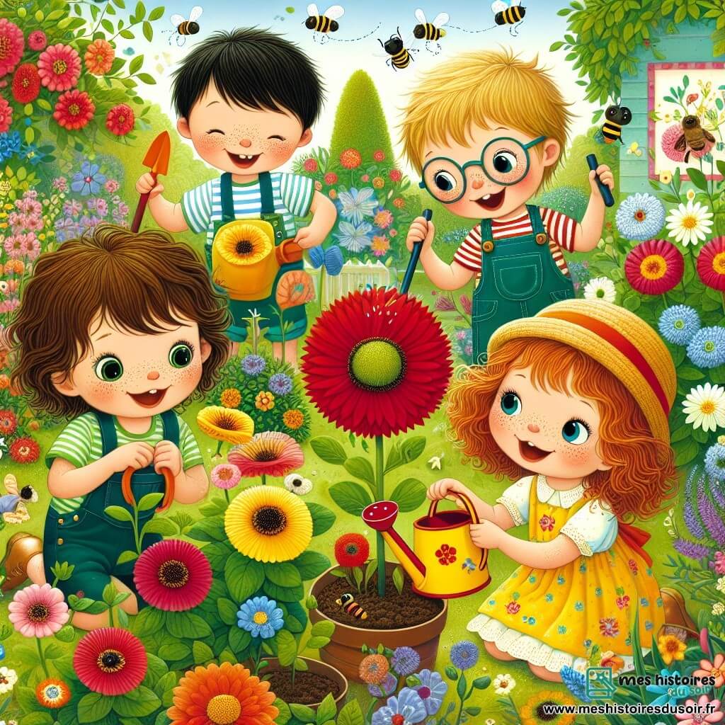 Dans un jardin printanier, cinq enfants jouent ensemble. Lila, 8 ans, admire une fleur rouge. Tom, 7 ans, s'apprête à planter une graine. Mia, 6 ans, danse en voyant les abeilles. Max, 9 ans, arrose les plantes, tandis que Zoé, 5 ans, cueille des pétales pour un bouquet. Le jardin est coloré avec des fleurs et des oiseaux chantent, créant une ambiance joyeuse où les enfants jardinent et s'amusent.