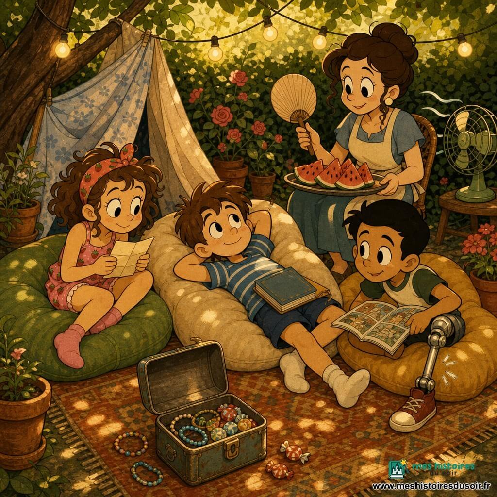 Quatre personnages dans un coin lecture ombragé d'un jardin d'été : Noé (~10 ans) allongé sur un grand coussin beige, t-shirt rayé bleu, livre sur le ventre, visage détendu et doigts collants de jus de pastèque ; Zoé (~9 ans) assise à gauche, cheveux bouclés avec bandeau à fraises, short de pyjama rose, souriante mais fatiguée, tenant un petit papier plié ; Malik (~10 ans) accroupi à droite, peau mate, prothèse de jambe métallique stylisée et BD ouverte sur les genoux, regard amusé ; Lina (~35 ans) assise à l'arrière sur une chaise basse, cheveux attachés, tablier léger, tenant un plateau avec tranches de pastèque et petit ventilateur, regard bienveillant. Décor : grand tapis usé, trois gros coussins, draps formant une cabane partielle, guirlande lumineuse, pots en terre cuite, rosier et haie dense, lumière dorée filtrée, ventilateur soufflant doucement. Scène : pause après une chasse au trésor, atmosphère calme et chaleureuse, boîte métallique du trésor ouverte avec bracelets et bonbons, indice froissé, palette de tons chauds d'été (jaune doré, vert feuille, rouge pastèque, bleu doux), style graphique aux contours souples, silhouettes rondes, ombres simples et texture papier, ambiance nostalgique et joyeuse.