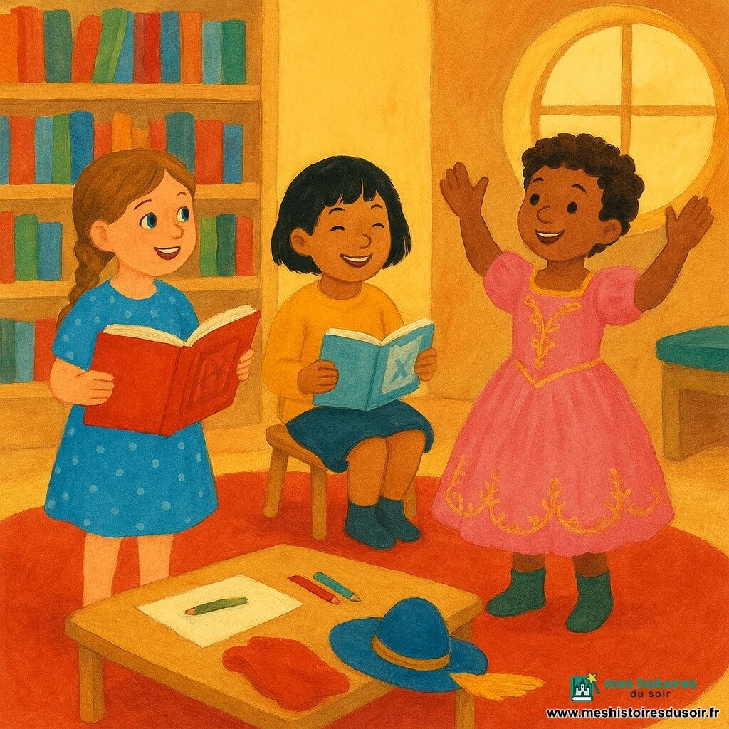 Trois enfants dans une bibliothèque d'école chaleureuse : Mia, 8 ans, châtain clair en tresse, robe bleue à pois, à gauche tenant un grand livre ouvert et montrant une page ; Zoé, 8 ans, cheveux noirs courts, pull jaune moutarde, assise au centre feuilletant un livre de théâtre en souriant ; Lucas, 8 ans, cheveux bruns bouclés, à droite, rayonnant dans une robe de princesse rose brodée et bottines vertes, levant légèrement les bras comme pour saluer ; tapis rond rouge, étagères en bois clair remplies de livres, grande fenêtre laissant entrer une lumière dorée, table basse avec crayons, feuilles et déguisements éparpillés, ambiance joyeuse aux couleurs vives et coups de pinceau doux.