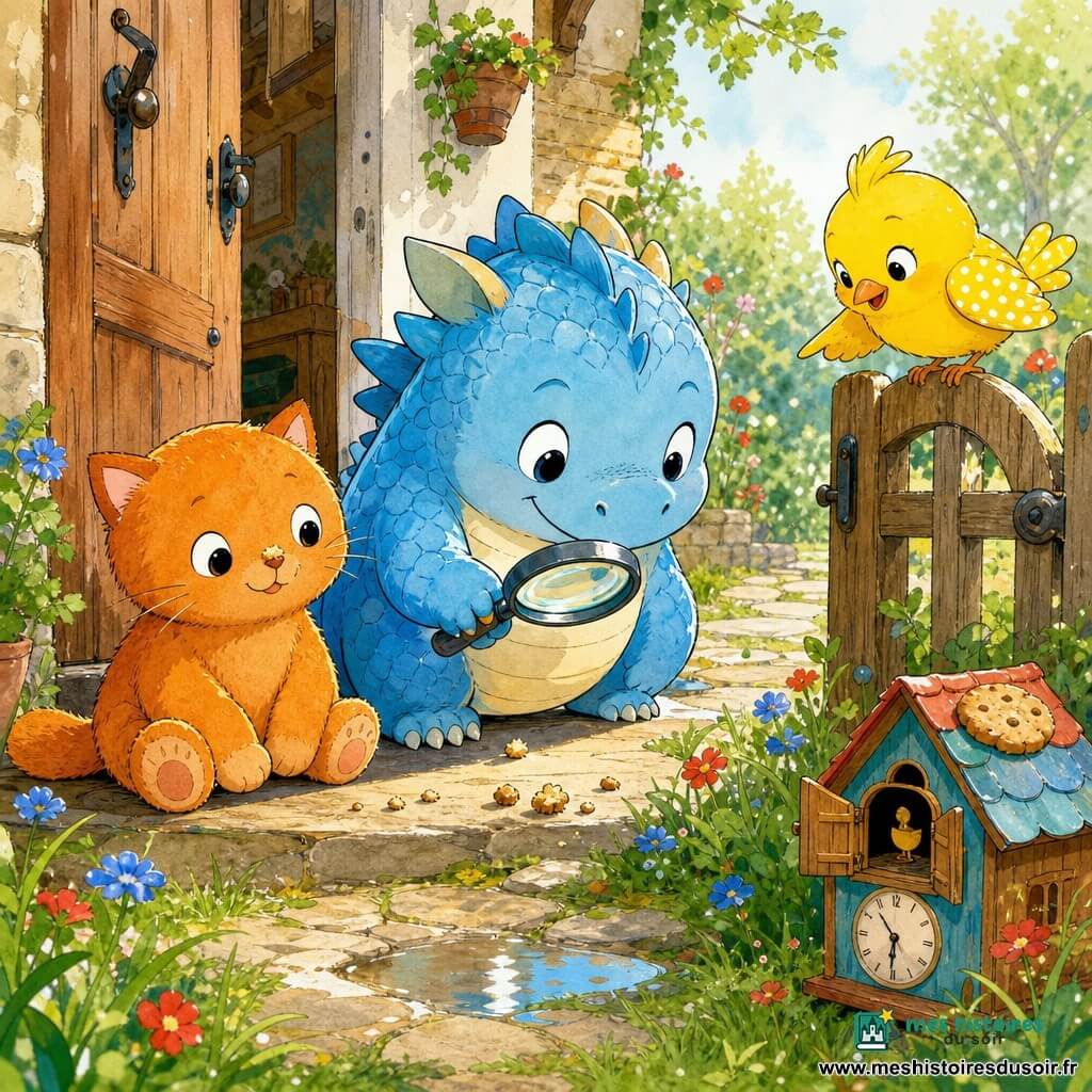 Un petit dragon bleu rond et dodu, souriant et tenant une loupe, suit une trace de miettes jusqu'à une horloge coucou posée au soleil; à sa gauche un chat en peluche orange l'observe amusé et un petit oiseau jaune perché sur la rambarde montre le chemin, le tout au seuil d'une maison cosy ouverte sur un jardin fleuri, moment joyeux et paisible de découverte et de partage.