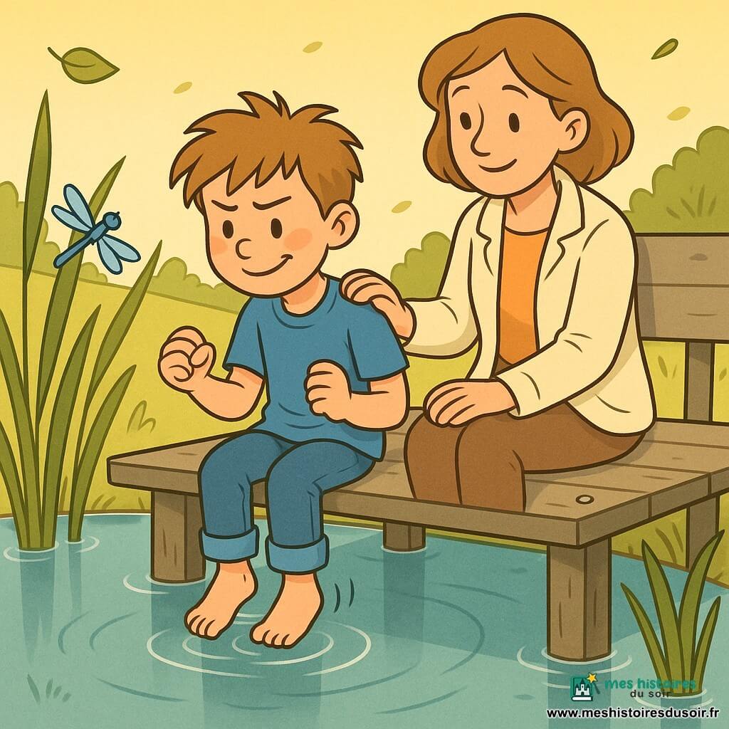 Garçon de 8 ans calmant sa colère : visage encore rougi, sourcils froncés mais sourire naissant, poings serrés puis relâchés, cheveux châtain en bataille, t-shirt bleu froissé, jean, assis au bout d’un petit ponton en bois, jambes pendant au-dessus de l’eau; femme d’environ 30–35 ans, expression douce, main posée dans le dos du garçon, veste crème, assise sur un banc près du ponton, regard bienveillant; lieu : petit étang rond et tranquille, eau miroir sous un ciel pâle, ponton en planches grises vieillies, roseaux verts, libellule bleue, lumière douce de fin d’après-midi; situation : le garçon pratique des gestes apaisants (serrer/ouvrir les poings, hausser/relâcher les épaules, tapoter le bois) tandis que la mère l’encourage en silence, atmosphère paisible et couleurs chaudes centrées sur leur connexion.