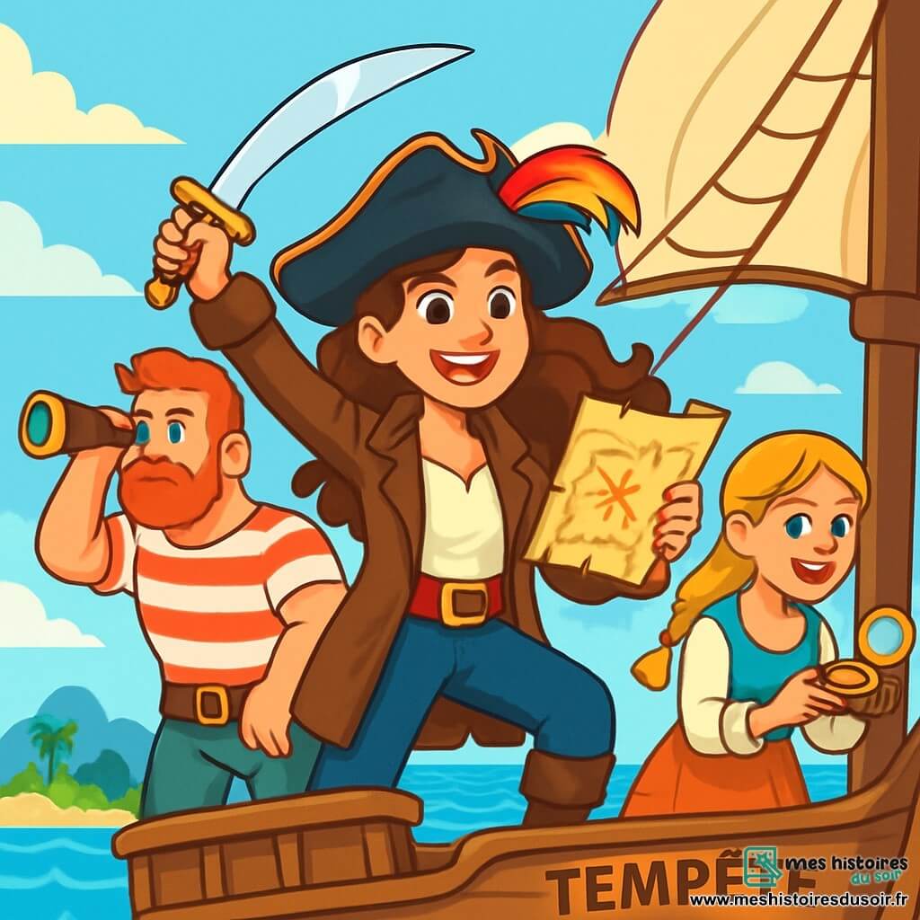 Au centre de l'image, Amélie, une jeune pirate d'environ 20 ans, se tient sur le pont de son navire, le "Tempête". Elle a de longs cheveux bruns bouclés, des yeux déterminés et un large sourire. Elle porte un chapeau de pirate avec une plume colorée et une veste en cuir, tenant une carte au trésor dans une main et un sabre dans l'autre. À ses côtés, Pierre, un homme robuste d'environ 30 ans avec une barbe rousse, scrute l'horizon, vêtu d'une chemise à rayures et d'un pantalon en toile. Un peu plus loin, Charlotte, une jeune femme d'environ 25 ans avec des cheveux blonds tressés, examine une boussole en or. Le navire est en pleine mer sous un ciel bleu clair, avec une île mystérieuse en arrière-plan. Amélie et son équipage planifient leur prochaine étape pour trouver le trésor, entourés d'excitation et d'anticipation.
