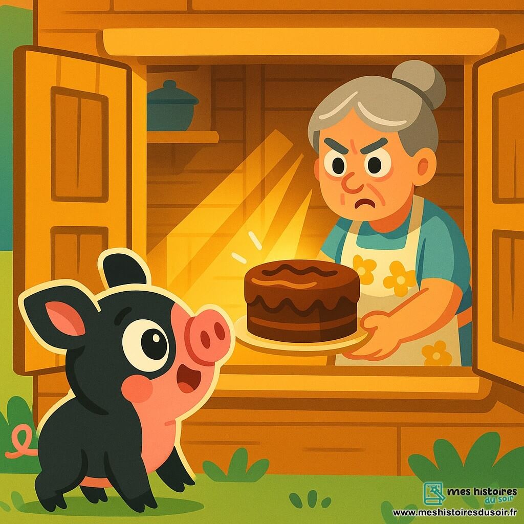 Un petit cochon noir et rose nommé Gaston, avec de grands yeux brillants, se tient devant une fenêtre ouverte, l'air affamé. Il a une petite queue en tire-bouchon qui frétille. À l'intérieur, une femme d'une cinquantaine d'années, avec des cheveux gris en chignon et un tablier à fleurs, le regarde avec surprise et colère, tenant un gâteau au chocolat. La scène se déroule dans une cuisine chaleureuse, avec des murs en bois et une table en chêne, tandis que le soleil illumine le gâteau. Gaston, attiré par l'odeur, s'apprête à entrer pour dévorer le gâteau, tandis que la femme semble prête à le gronder.