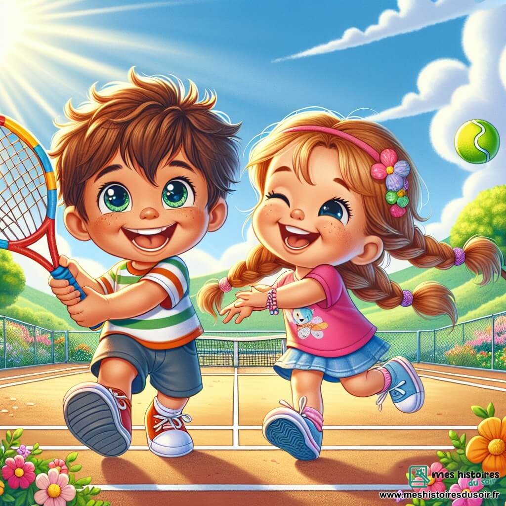 Un petit garçon de 2 ans, nommé Tom, avec des cheveux bruns en désordre et des yeux pétillants, tient une raquette de tennis plus grande que lui. Il sourit sur un terrain de tennis ensoleillé. À côté de lui, Mia, une fille de 5 ans avec de longs cheveux blonds tressés et une raquette colorée, rit en lançant une balle vers Tom. Elle porte un t-shirt rose et un short bleu, prête à jouer. Le parc verdoyant est bordé d'arbres, avec un ciel bleu clair et des fleurs colorées. Tom et Mia jouent ensemble, riant et s'amusant en échangeant des balles de tennis, créant une atmosphère joyeuse.